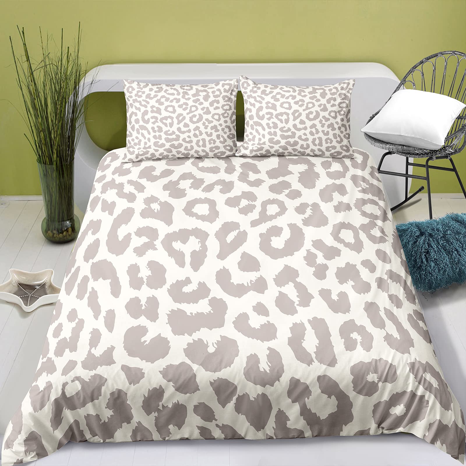 SunnyLisaLeopard Print Duvet Cover Set, Microfiber Modern Leopard Pattern Bedding Set for Women and Men Comforter Cover with Pillowcase Bedroom Decor,King (220x240cm+2x50x90cm),Beige
