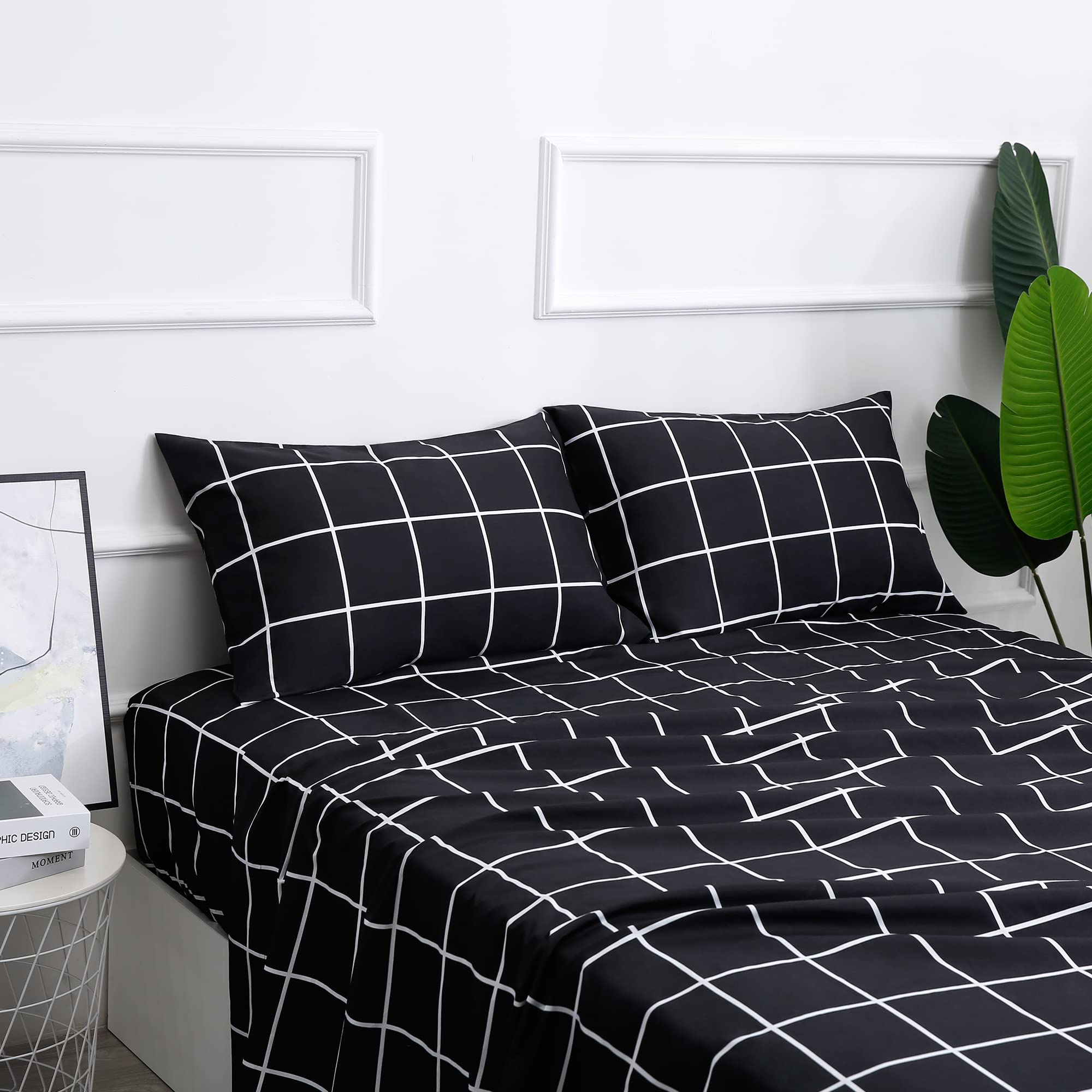 Parure de lit 4 pièces en microfibre durable de qualité supérieure, parure lit écossaise noire