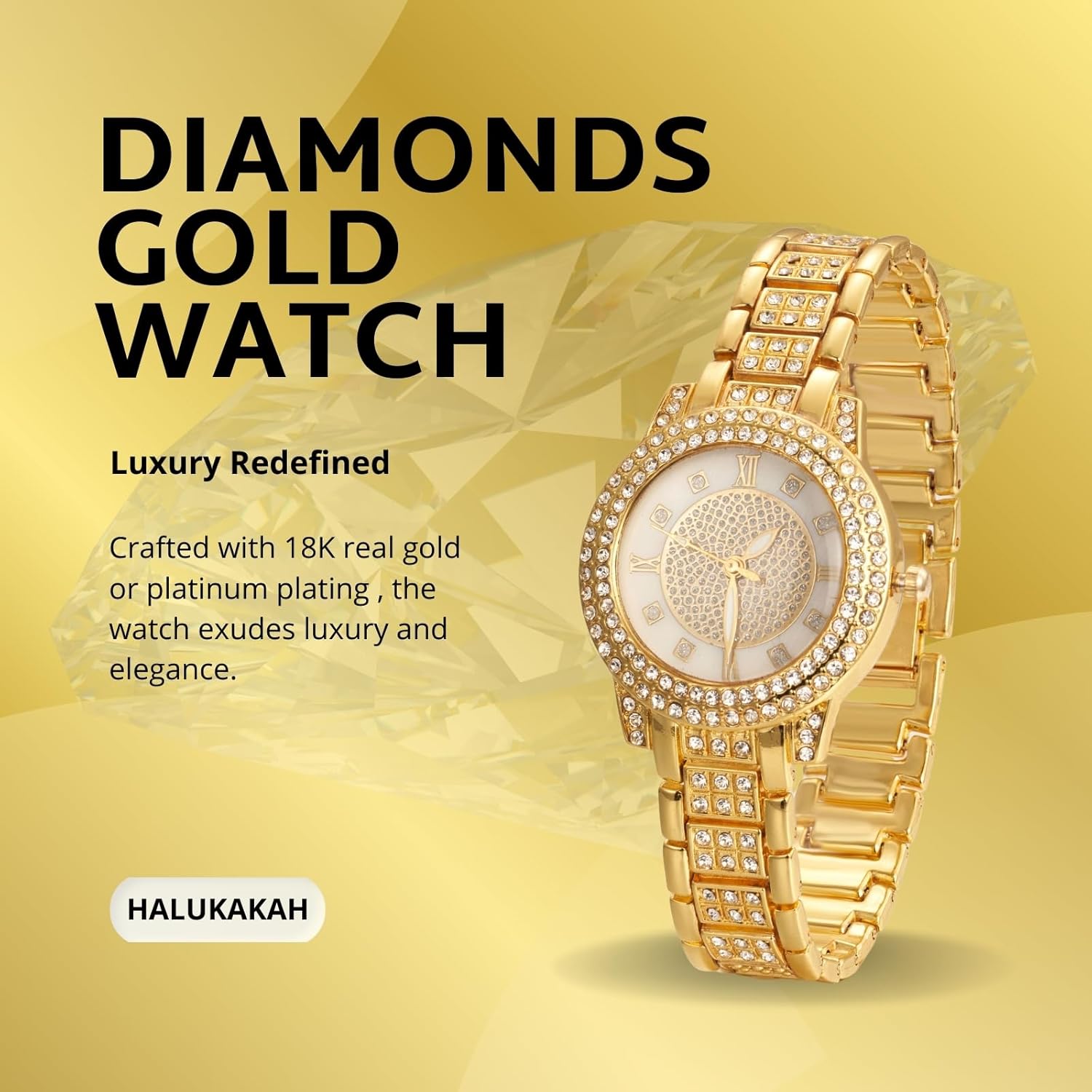 Halukakah Diamonds Watch Iced Out for Boy Teens Kids - 18K Real Gold/Platinum Plated, Gypsophila Rhinestones Round Dial, Japanese Quartz - 7.7" Length - Optional with Cuban Link Chain - for Birthday