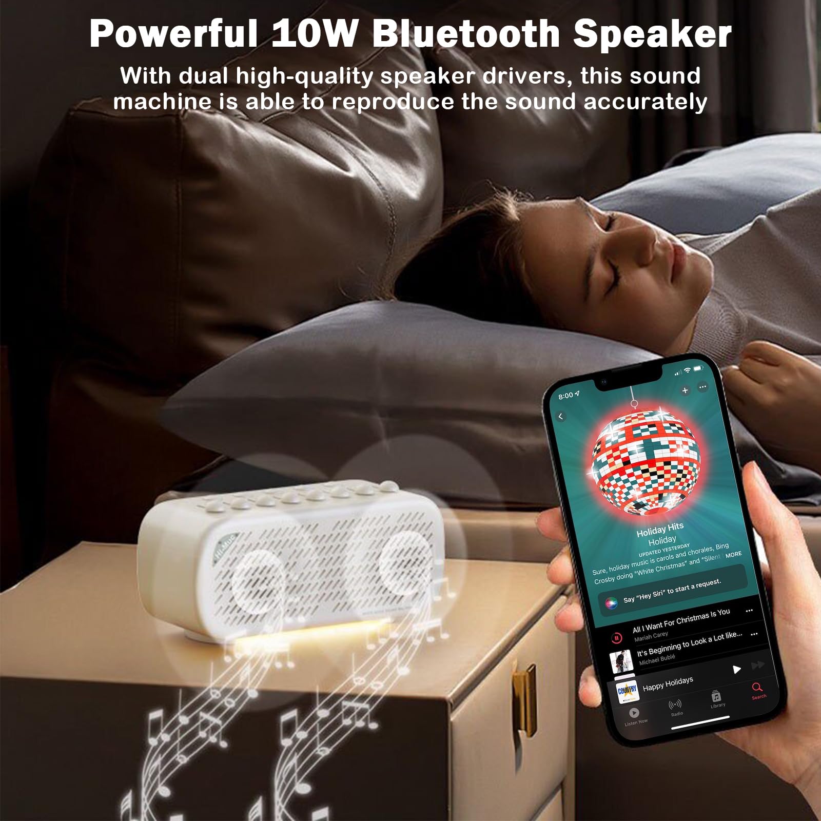 Máquina de ruido blanco, máquina de sonido portátil para dormir para bebé adulto con altavoz Bluetooth, compatible con tarjeta TF, temporizador de luz nocturna, sonido de ayuda para dormir, 8 opciones