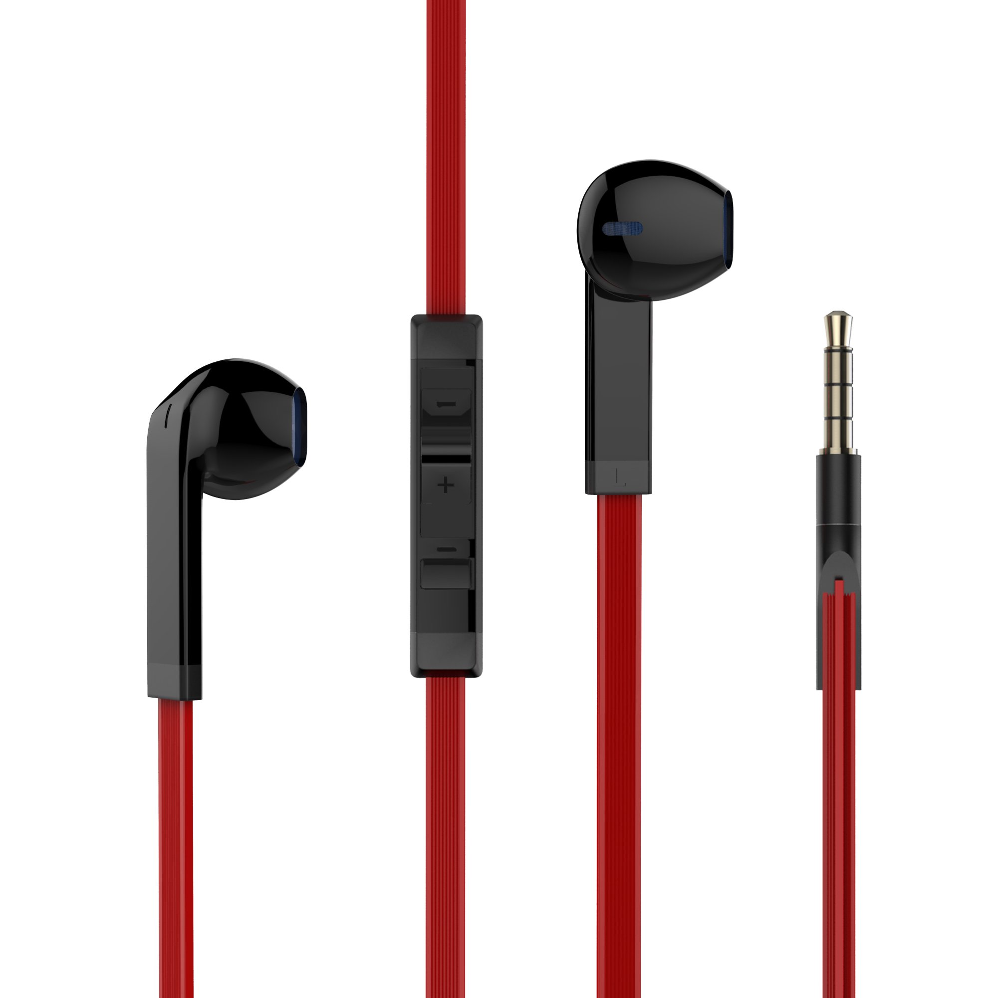 Wired Headphones In Ear iPhone Earbuds with Microphone Tangle Free Flat Cable Earphones Black+Red