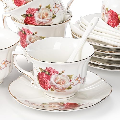 Miniatura 4 de Foraineam Juego de 6 tazas de té y platillo, tazas de té de porcelana marfil rosa con platillos y cucharas, juego de tazas de café floral de 6 onzas