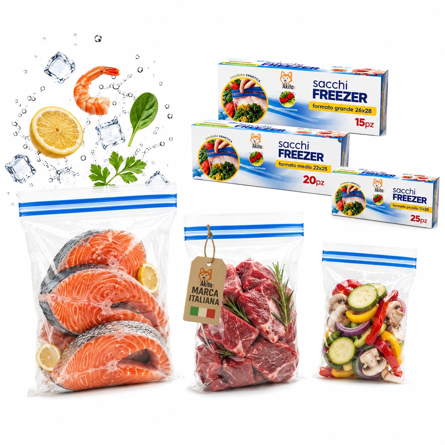 AkitaInk Set 60 Sacchetti Freezer con Chiusura Zip, Buste Gelo Alimentari Richiudibili in 3 Misure Assortite per Conservazione Cibi