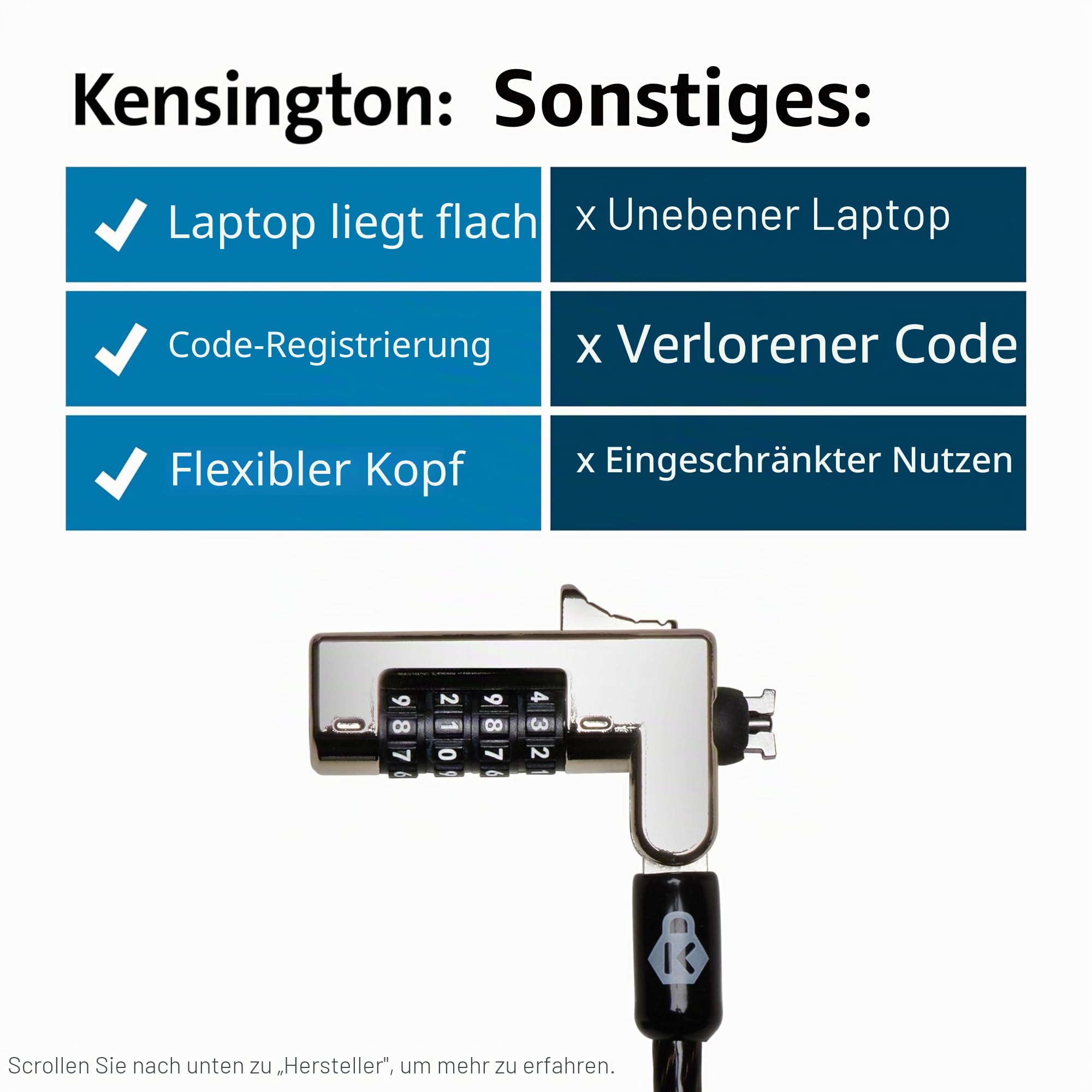 Kensington Laptop Schloss Slim-Kombinationsschloss für ultraflache Laptops & 2-in-1 Geräte mit Nano Sicherheits-Slots, Diebstahlschutz, 1,8 m Kabel