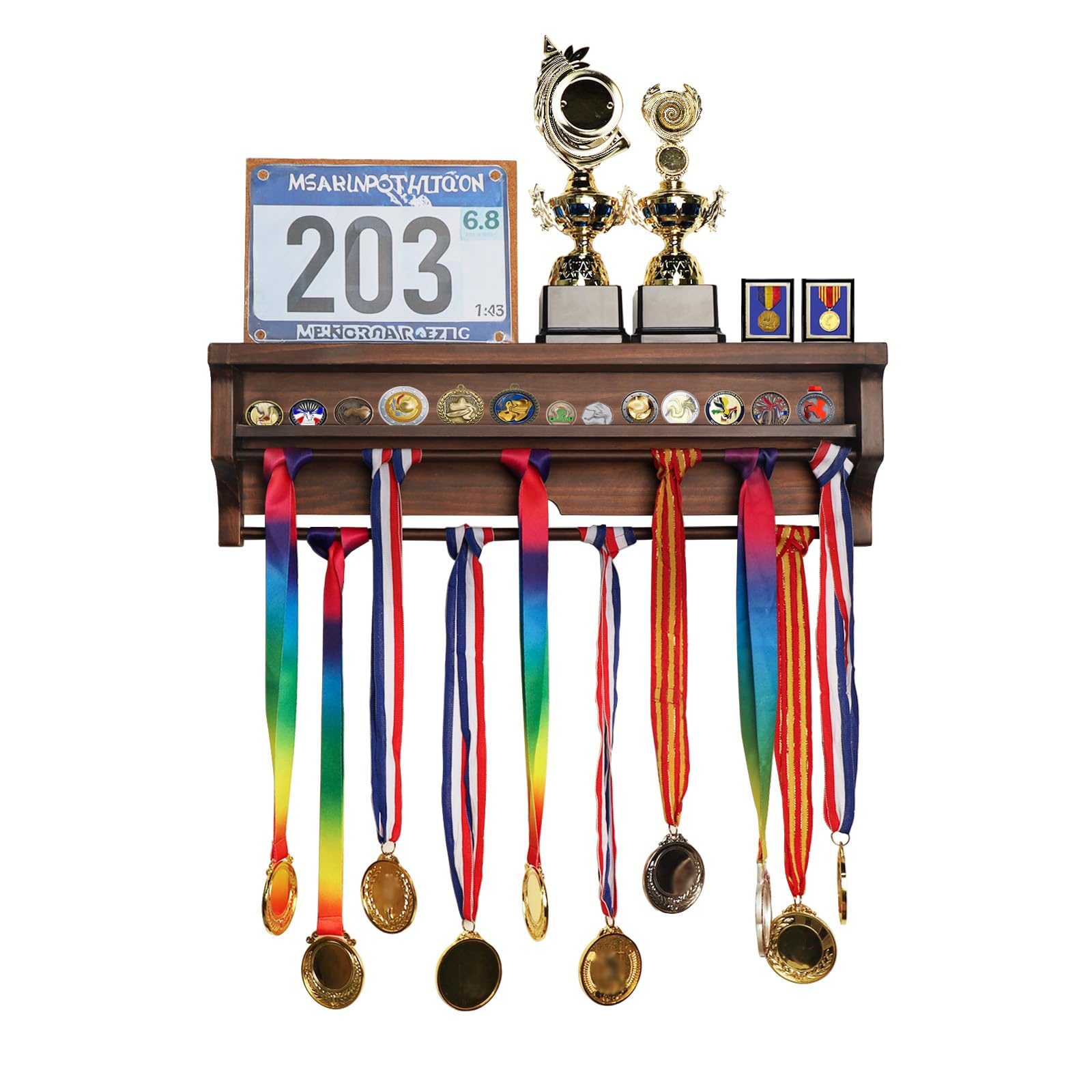 Medaillenaufhänger aus Massivholz, Medaillenhalter, Wandmontage, Trophäenregal für Gymnastik, Fußball, Basketball, Fußball und andere Sportarten mit Latzbrett für Marathonrennen, Walnuss