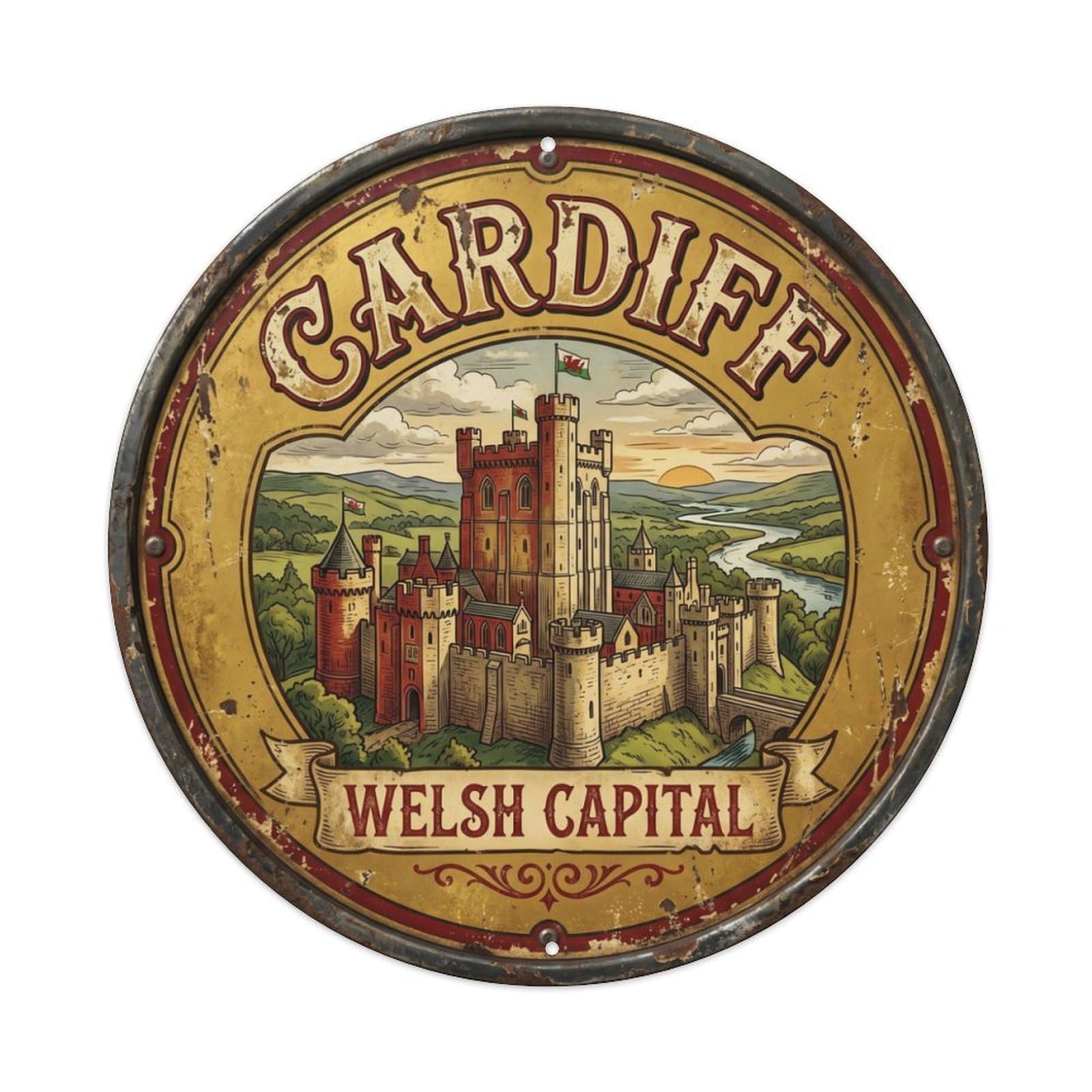 Vintage Travel Cardiff Castle Wales Metal Tin Sign Plaque Wall Decor for Cafe, Club Bar, Office, Home Garden Round Metal Poster 8x8Inch
