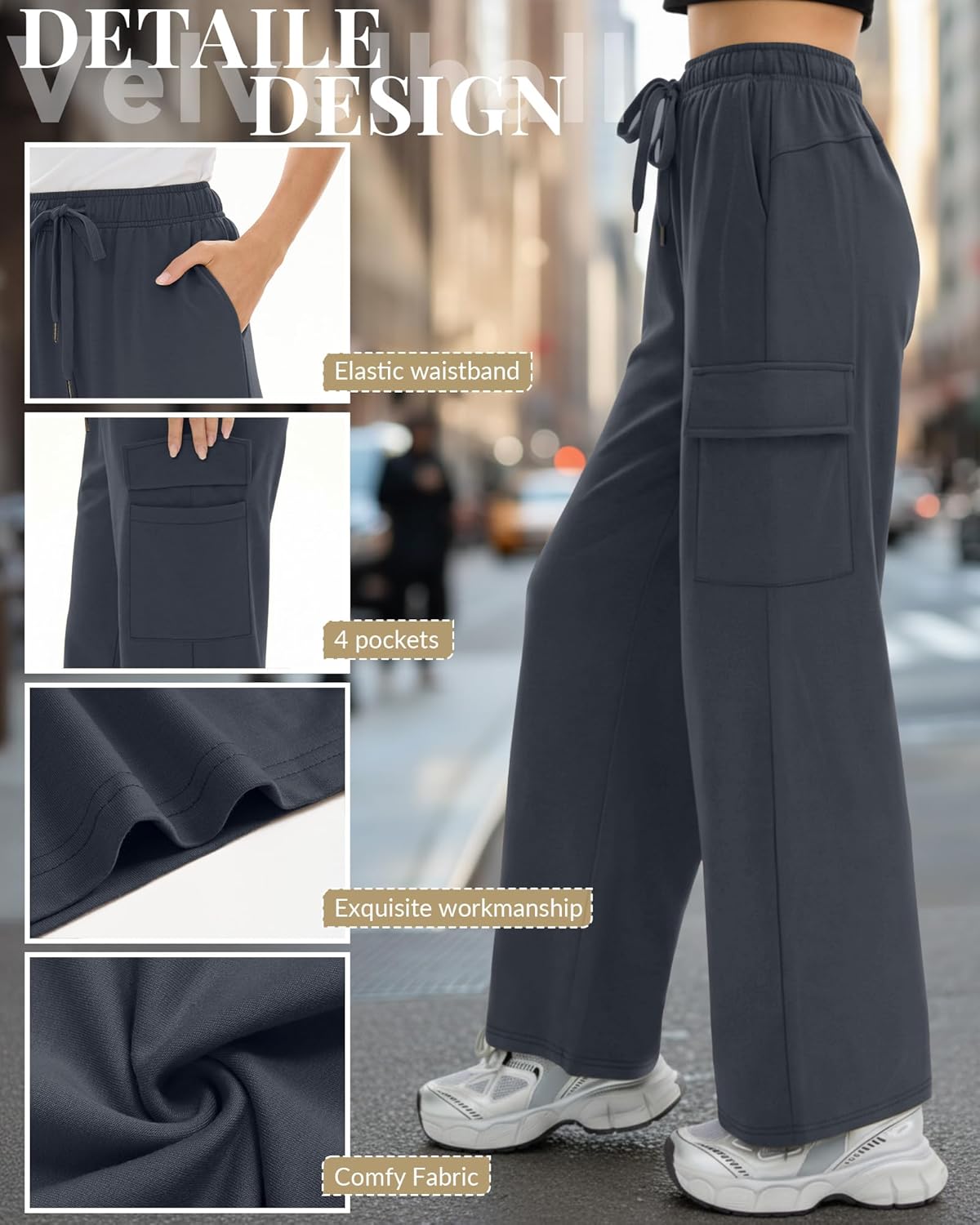 3 Pack Women's Cargo Sweatpants Wide Leg Baggy Elastic Drawstring Pants Casual Athletic Joggers with 4 Pockets - Image 4