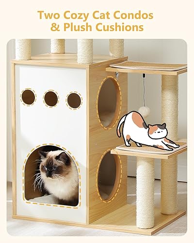 Miniatura 5 de Árbol moderno para gatos, torre de madera para gatos de 42.5 pulgadas con condominio de 2 pisos, muebles para gatos con postes rascadores para