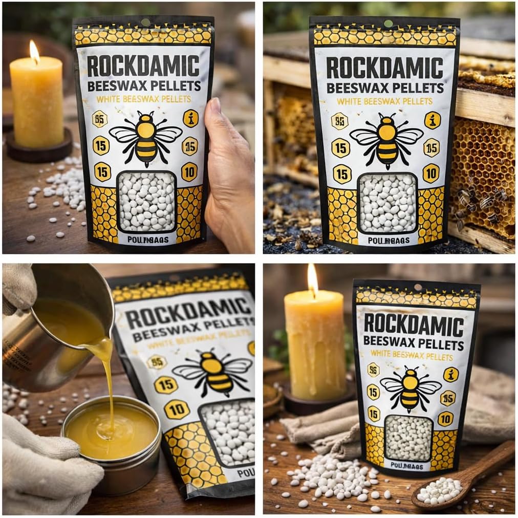 Rockdamic Natural White Beeswax Pellets 1lb - (454g) Organic Wax for Skin, Lip Balm, Lotion Making - Pure Pastilles, Unscented Beads for Candles, Salves, Soap, and Cosmetics - Bulk Melting Pellets