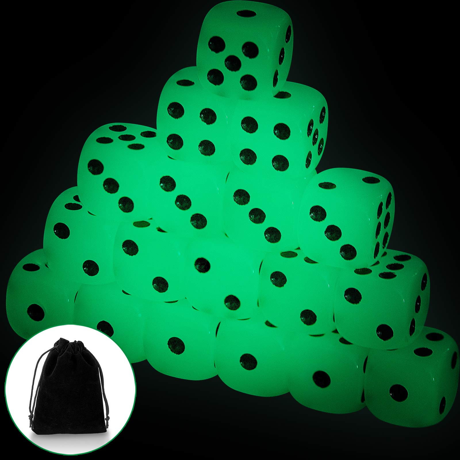 18 Luminous Dice with Black Velvet Pouches - 6 Sided Glow in The Dark Dice for Board Games, Casino, Party Favors
