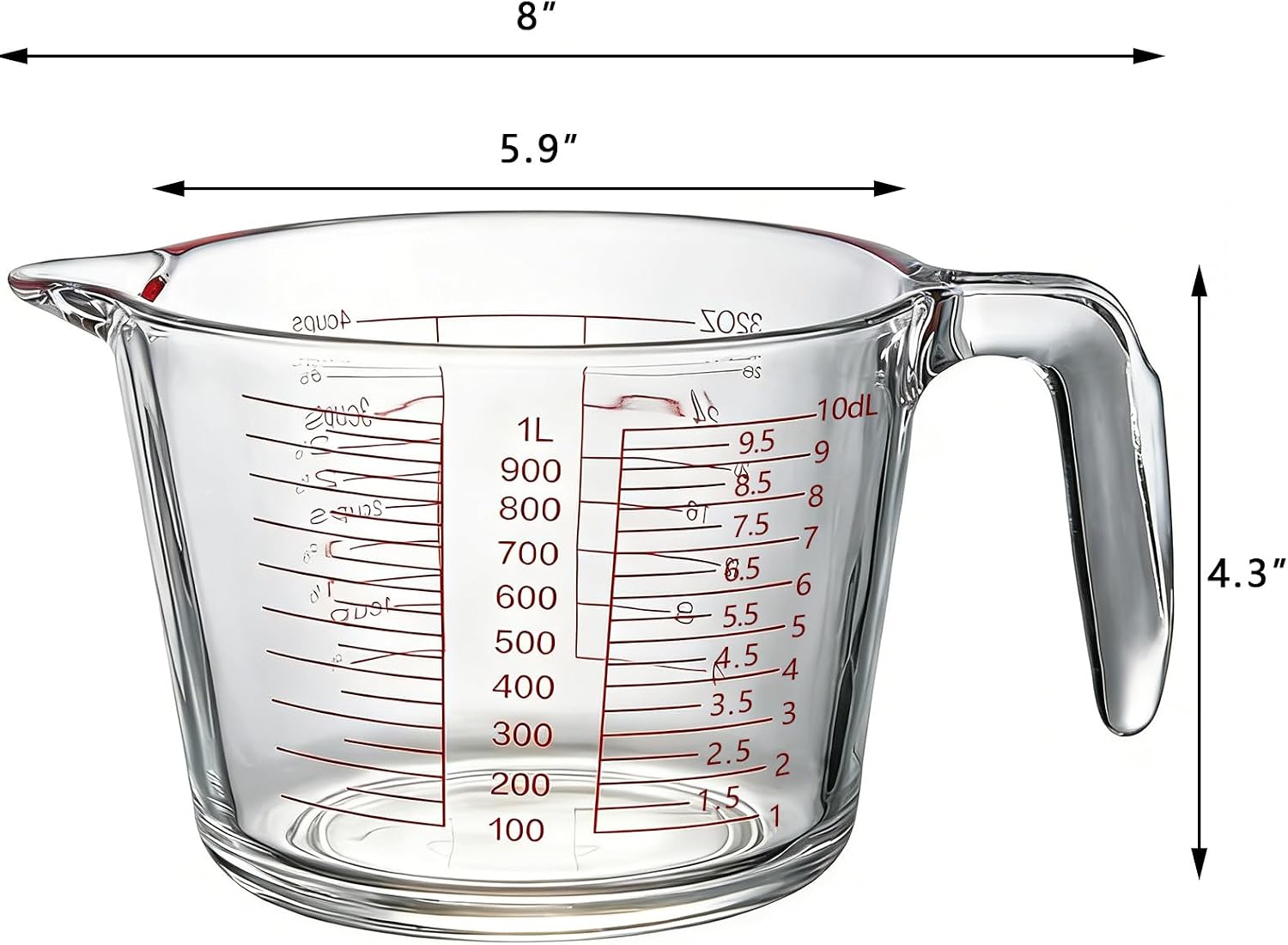 Glass Measuring Cup for Baking and Cooking, Microwave and Oven Safe, Dishwasher Safe, with Red Measurement Markings (4 cup)