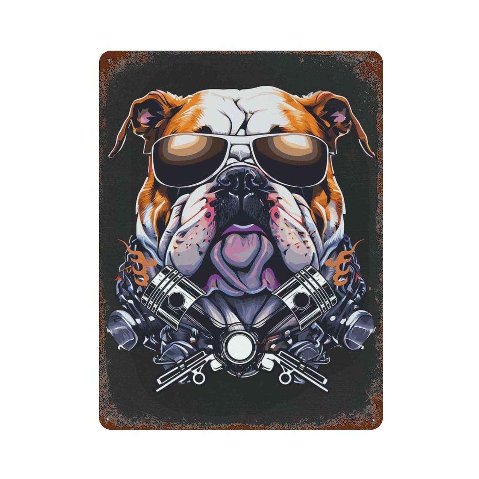 English Bulldog Biker Dog Weathered Tin Sign 15.7"x11.8", Vintage Wall Decor for Garage, Pub Or Kitchen