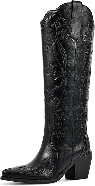 wetkiss Cowboy Boots for Women Knee High Cowgirl Boots, Western Boots with Floral Embroidered Pointed Toe Chunky Heel Pull On Retro Vintage Classic Tall Boots for Ladies