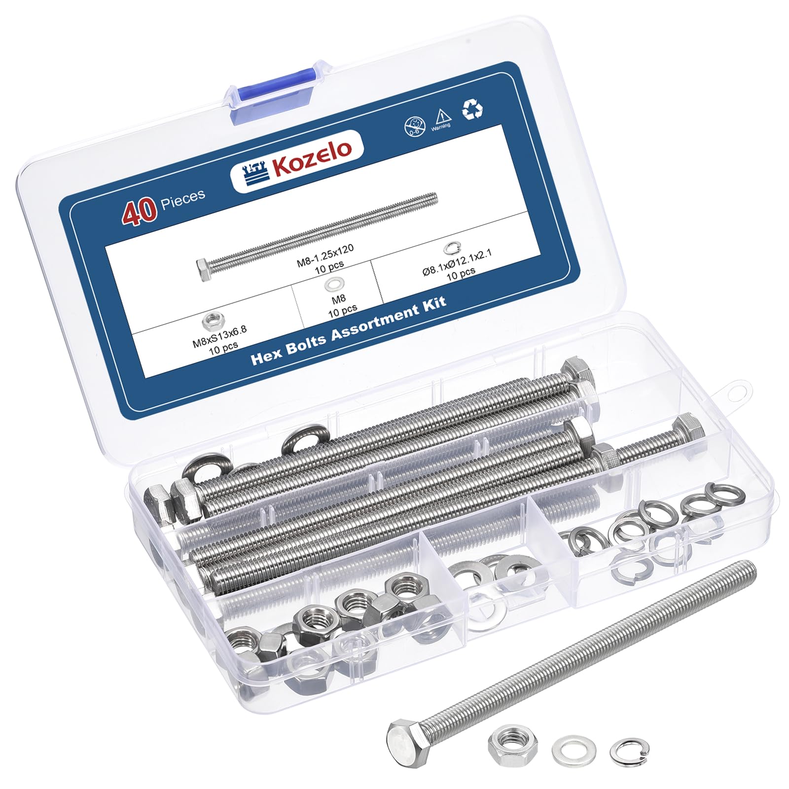 Kozelo 40 Pcs Bolts and Nuts Washers Kit - [M8-1.25x120] 304 Stainless Steel Hex Tap Bolt Assortment Fully Threaded Hexagon Head Machine Bolts Right Hand External Hex Drive, Silver Tone — image 1