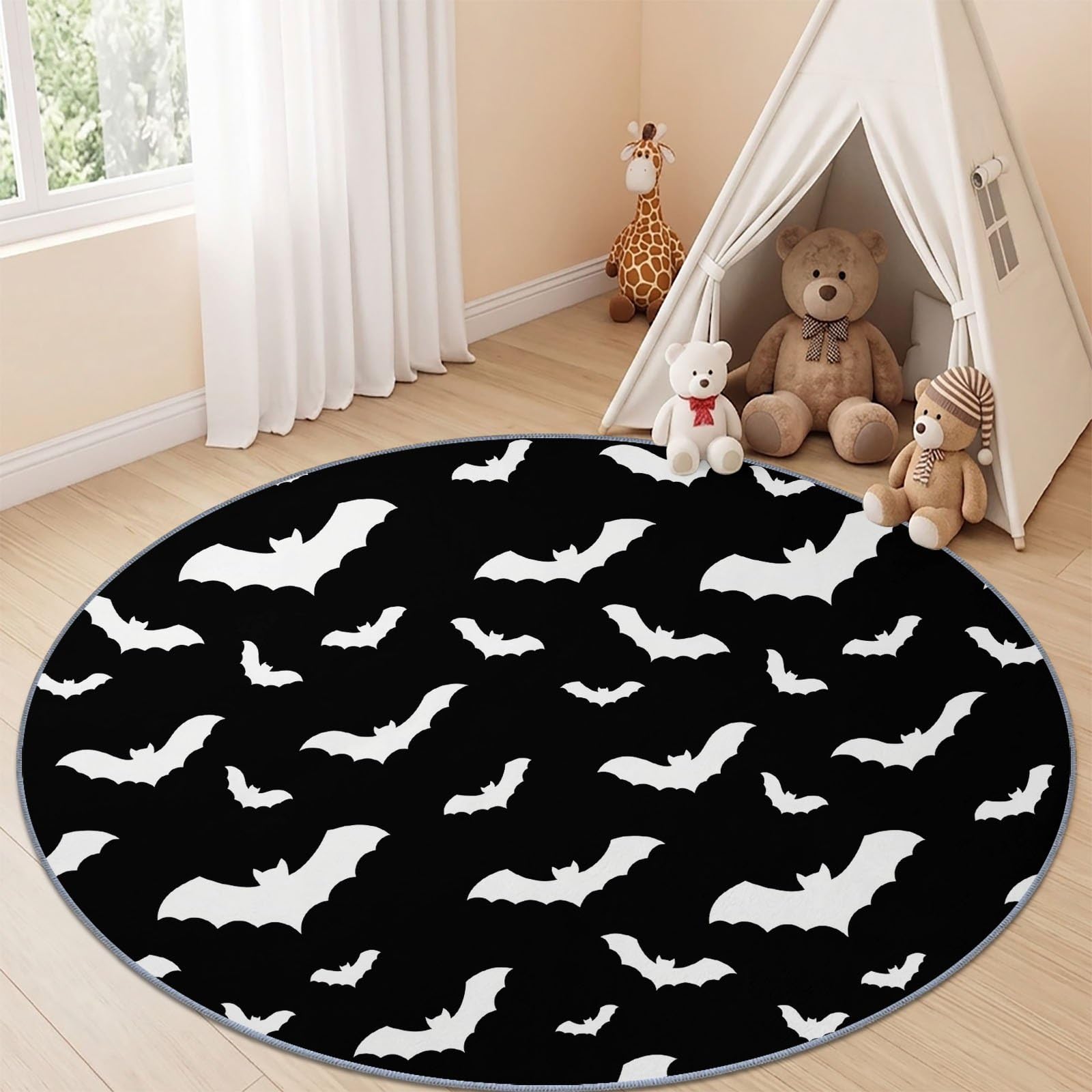 Tapis Rond Halloween Gothique 200 cm, Chauves-Souris Silhouette Animaux Lavable en Machine pour Salon, Noir Antidérapant, Poil Court Tapis Rond Imprimé pour Chambre d’Enfant Nurserie
