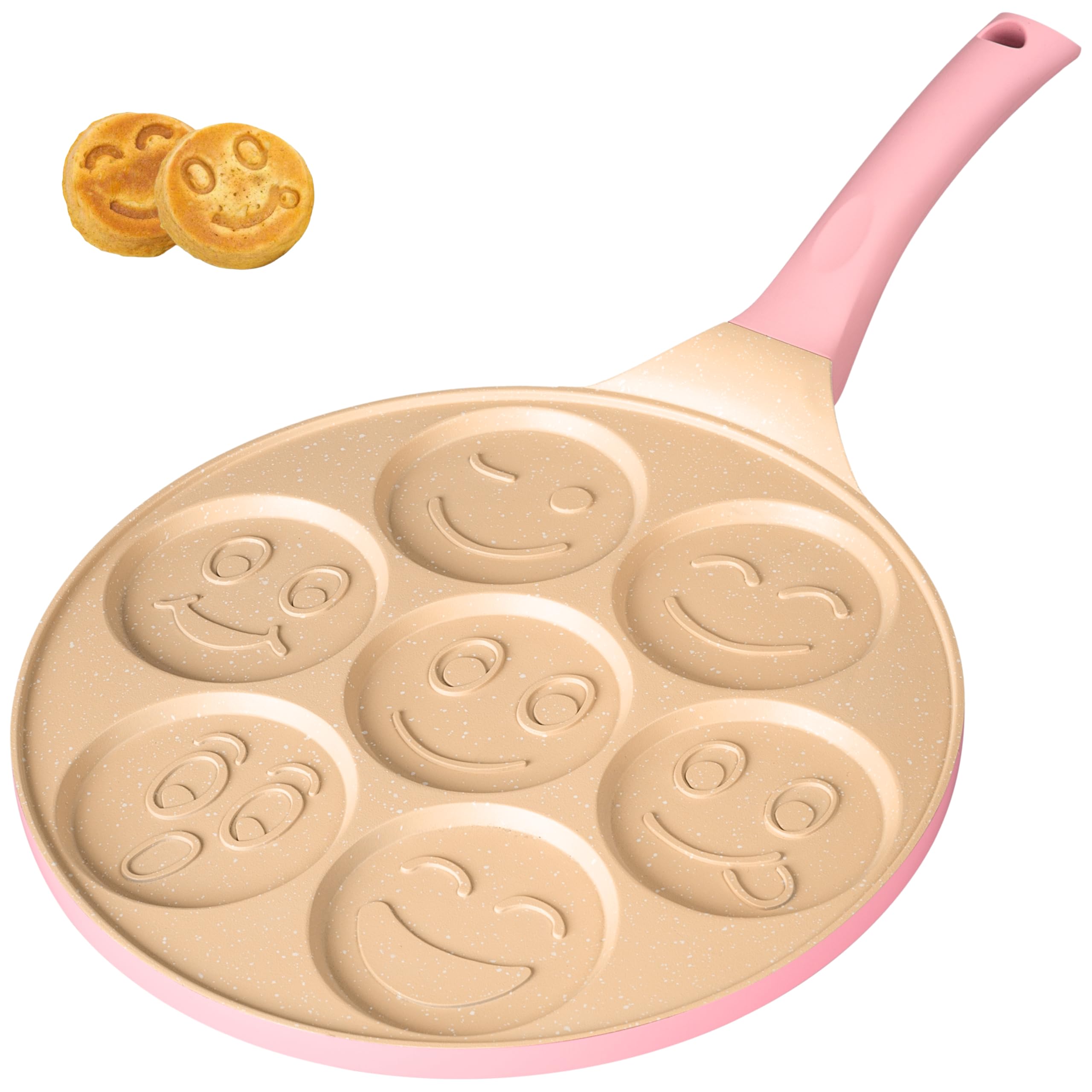 Erreke Padella per Pancake, Crepiera, Tutti i Piani Cottura e Induzione, Doppio Rivestimento Antiaderente, Design Faccine, Manico Soft-Touch, 7 Pancake o Crepe, 26 cm Colore Rosa