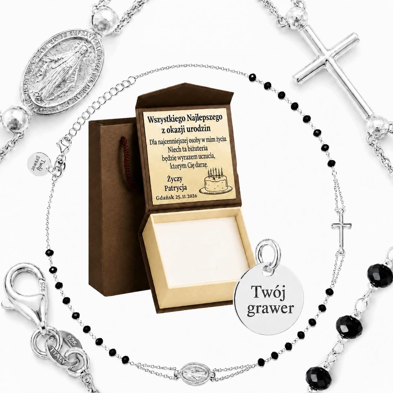 ZELYA Collar de mujer de plata 925 con rosario – Cruz medalla espinela cadena ajustable con grabado + caja de regalo
