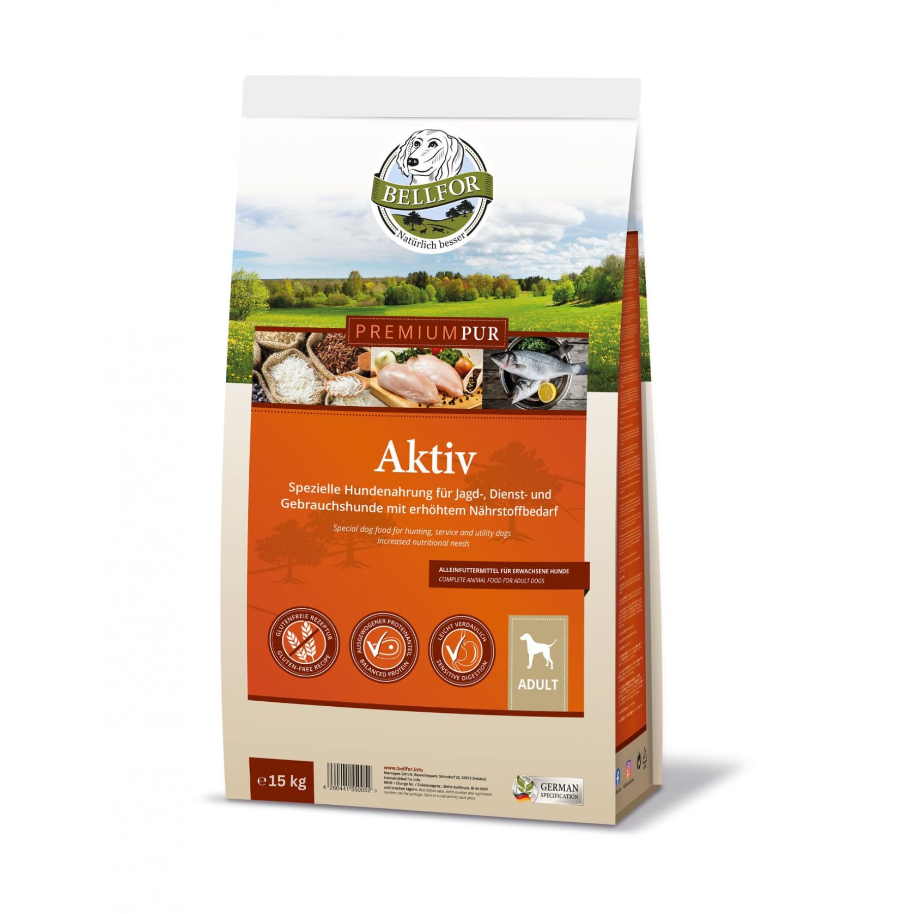 Bellfor Premium PUR Aktiv Glutenfrei Hundefutter Trocken für aktive Hunde – 15 kg. Energiegeladenes Hundefutter mit 42% Fleischanteil für Leistung und Ausdauer