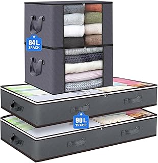 4 Stück unterbett aufbewahrungsbox,2 Stück aufbewahrungsbox unterbett 90L+2 Stück aufbewahrungsbox mit deckel 84L,unter bett aufbewahrungskisten mit Sichtfenster Fenstergriffen und Reißverschluss