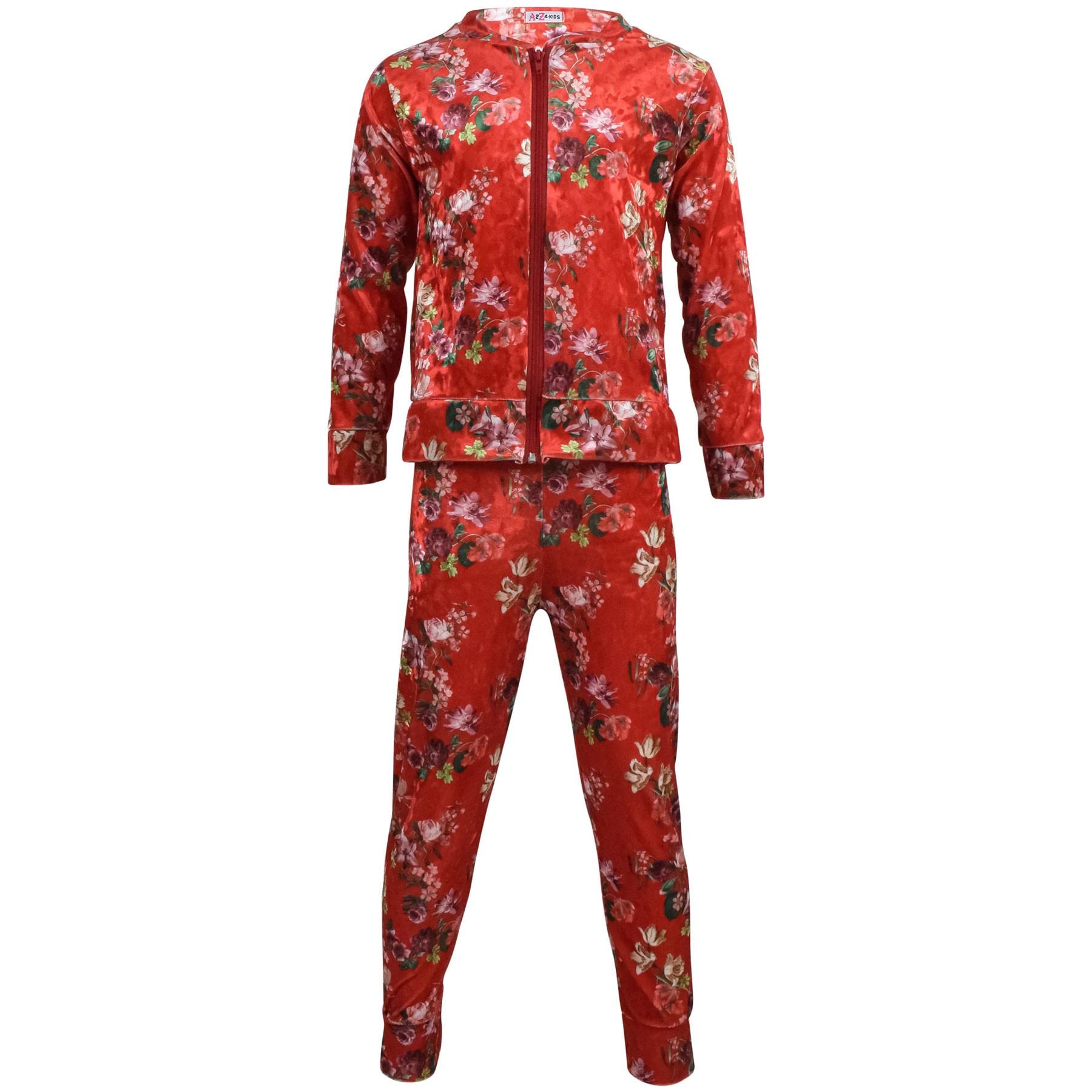 A2z 4 Kids Girls Red Jogging Suit Kids Velour Floral Print Top Bottom Tracksuit - Velour Set 336 13