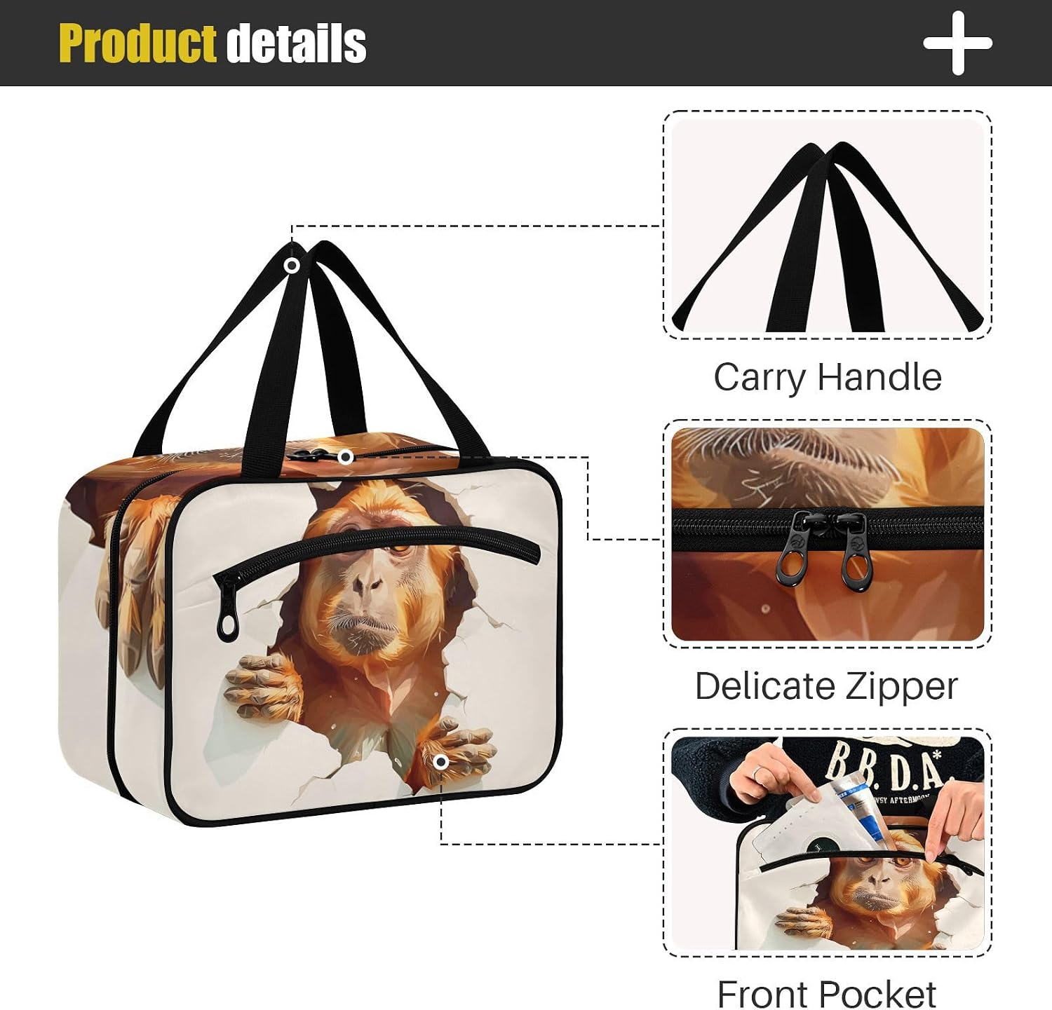 Orange Monkey 3D Hanging Toiletry Bag Hanging Travel with Hook Designer Waterproof Makeup Bag for Travel Must Work organizador de maquillaje para viaje, Orange Monkey 3d, L, casual image 4