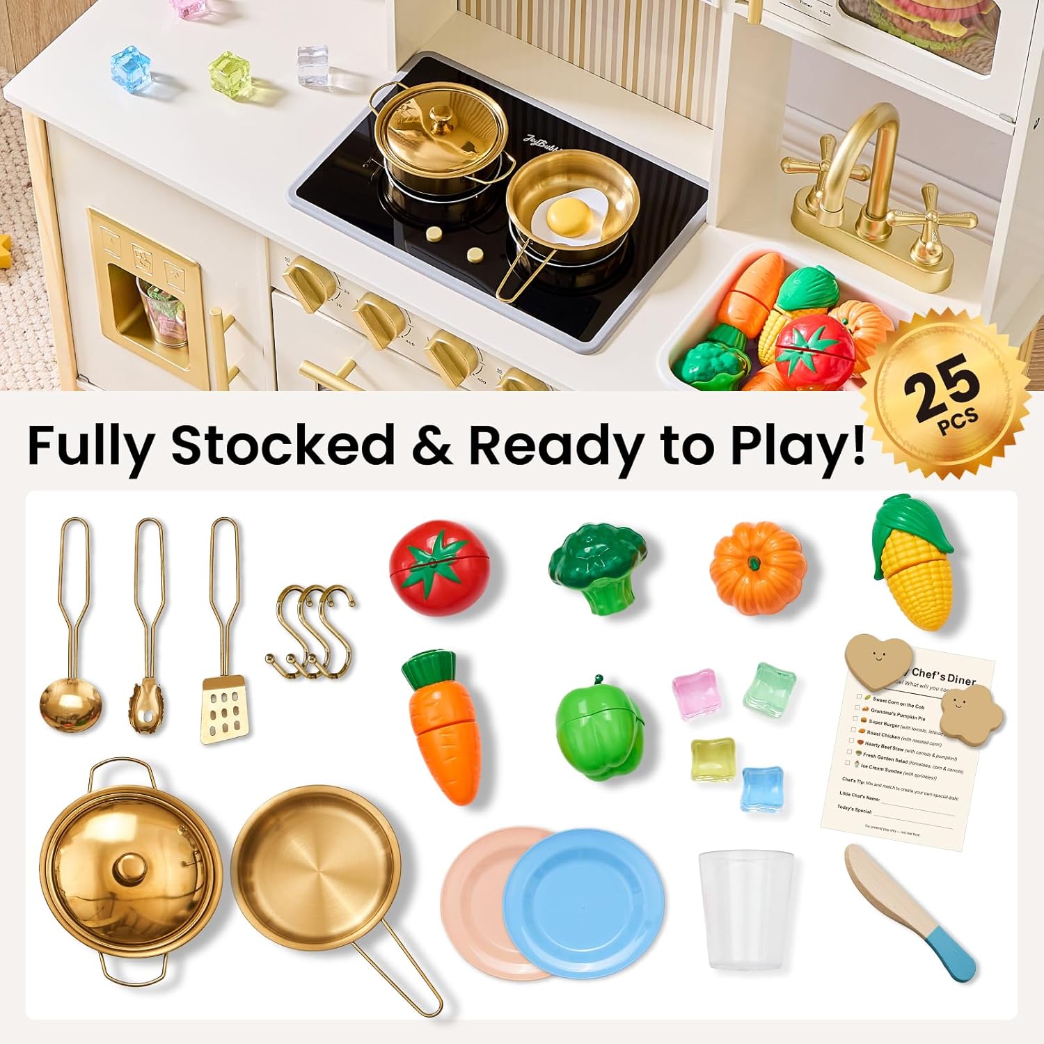 Wooden Play Kitchen for Toddlers, Modern Kids Kitchen Playset with Realistic Lights & Sounds, Toy Kitchen Set with 25 Pcs Accessories, Pretend Play for Girls & Boys Ages 3+, Cream White