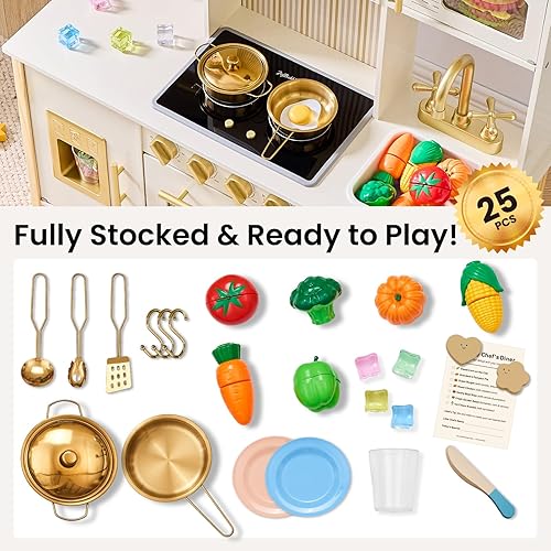 Miniatura 3 de Cocina de juego para niños, moderno juego de cocina para niños pequeños con luces y sonidos, juego de cocina de juguete de madera con 25 accesorios,