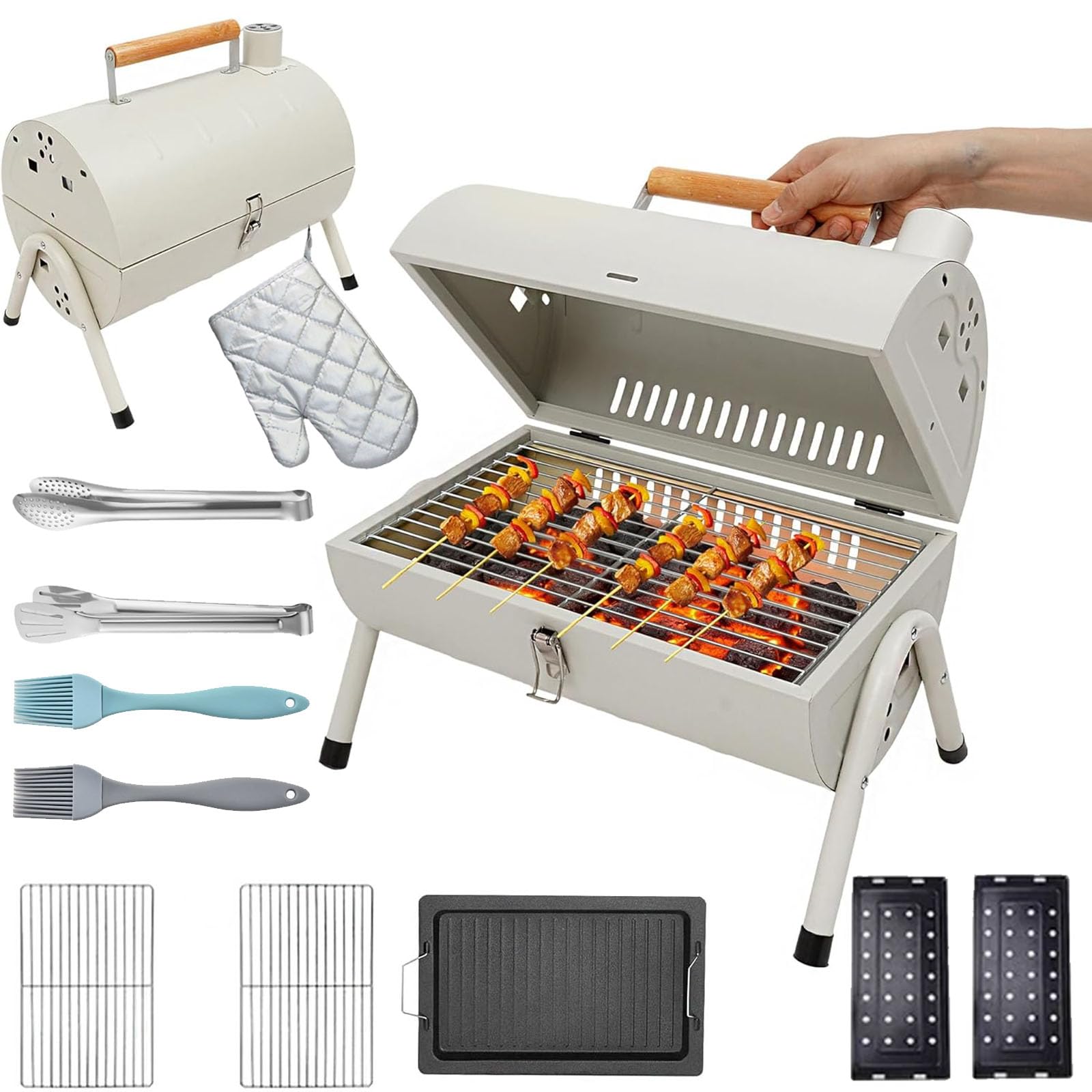 Przenośny grill węglowy, przenośny składany blat biurka z grillem węglowym, grill dla palaczy na świeżym powietrzu na piknik na tarasie w ogrodzie Camping Travel Party na podwórku white
