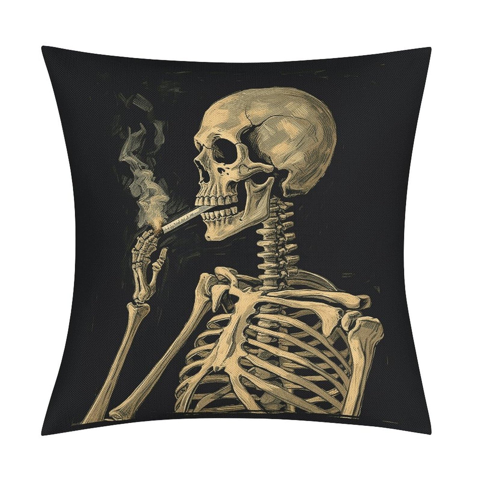 FekiLoot A Skeleton with Burning Cigarette Throw Pillow Cover Soft Square Cushion Case Farmhouse Cushion Cover Decorative Pillow Cover Modern Pillowcase for Sofa Living Room Bed Home Decor 18x18 Inch
