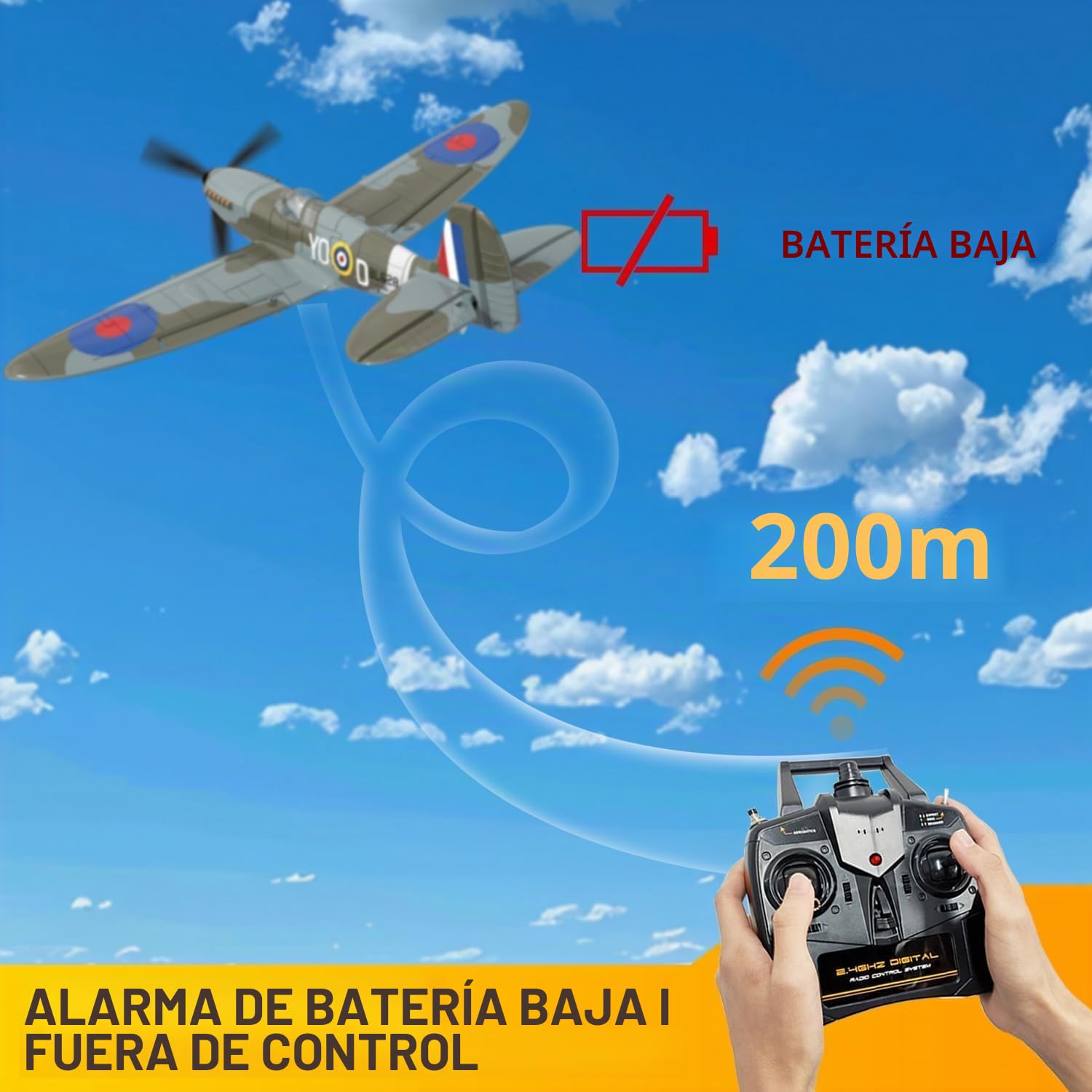 volantexrc Avión RC, Avión de Combate Spitfire V2 con Radio Control de 4 Canales RTF, con Alerones, Giroscopio, Acrobacias y 3 Modos para Vuelo Fácil, Aeronave para Hobby para Principiantes y Adultos