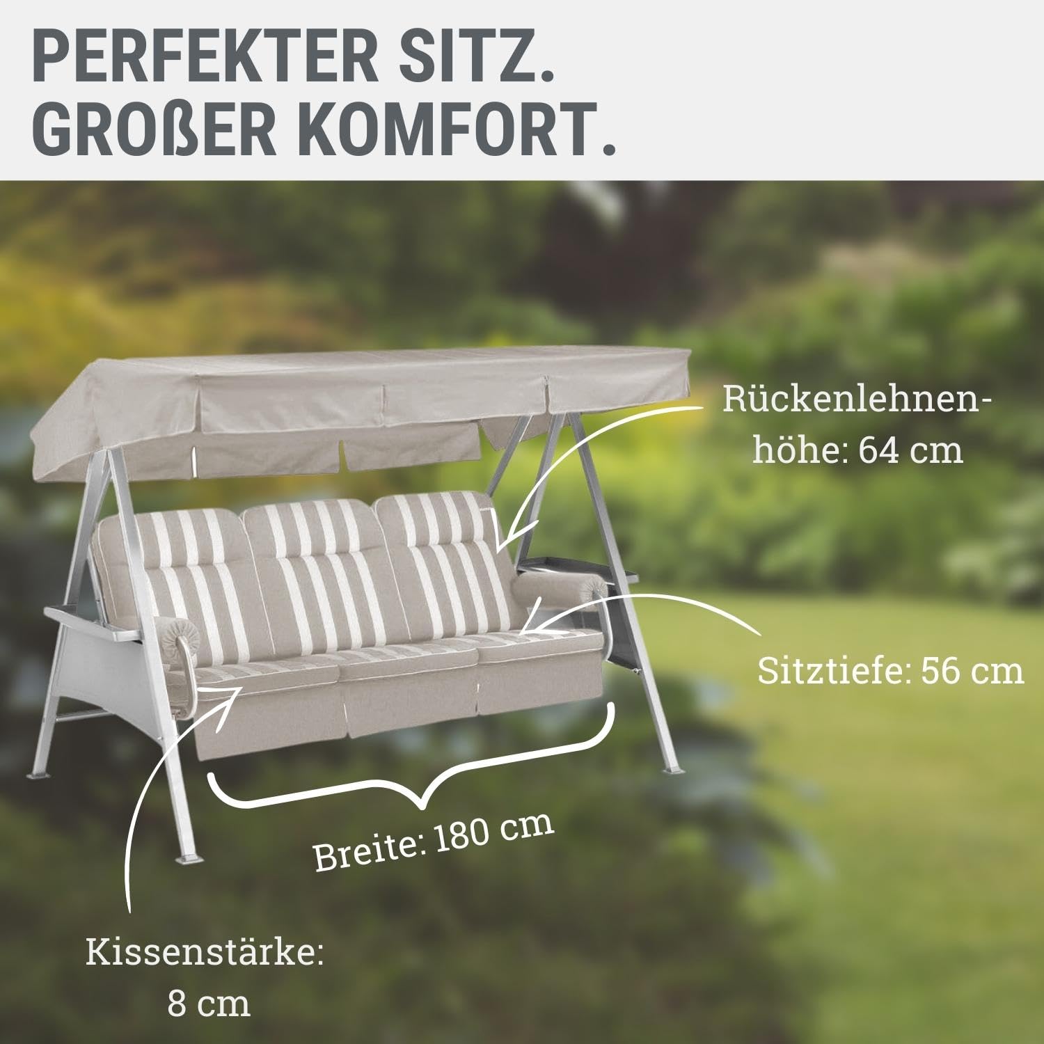Hollywoodschaukel Auflage beige gestreift 56/64x180x8cm I Schaukelauflage weich & robust I UV-beständige Schaukel-Auflage I Liegekissen atmungsaktiv I Dessin 8744