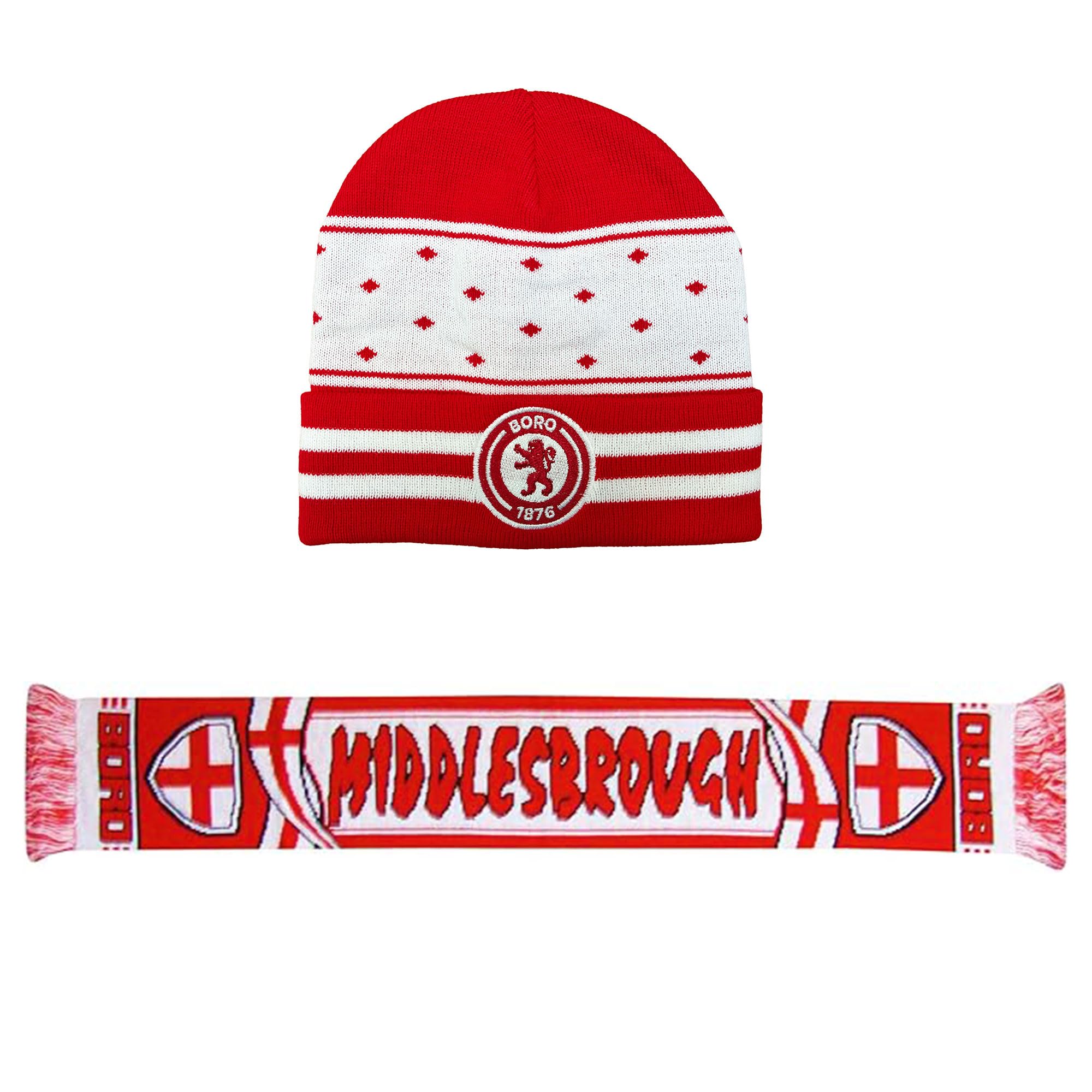 Beyond Happy Unisex Multicolor Middlesbrough Winter Hat & Scarf Set - Warm Boro Football Fans Accessory Set