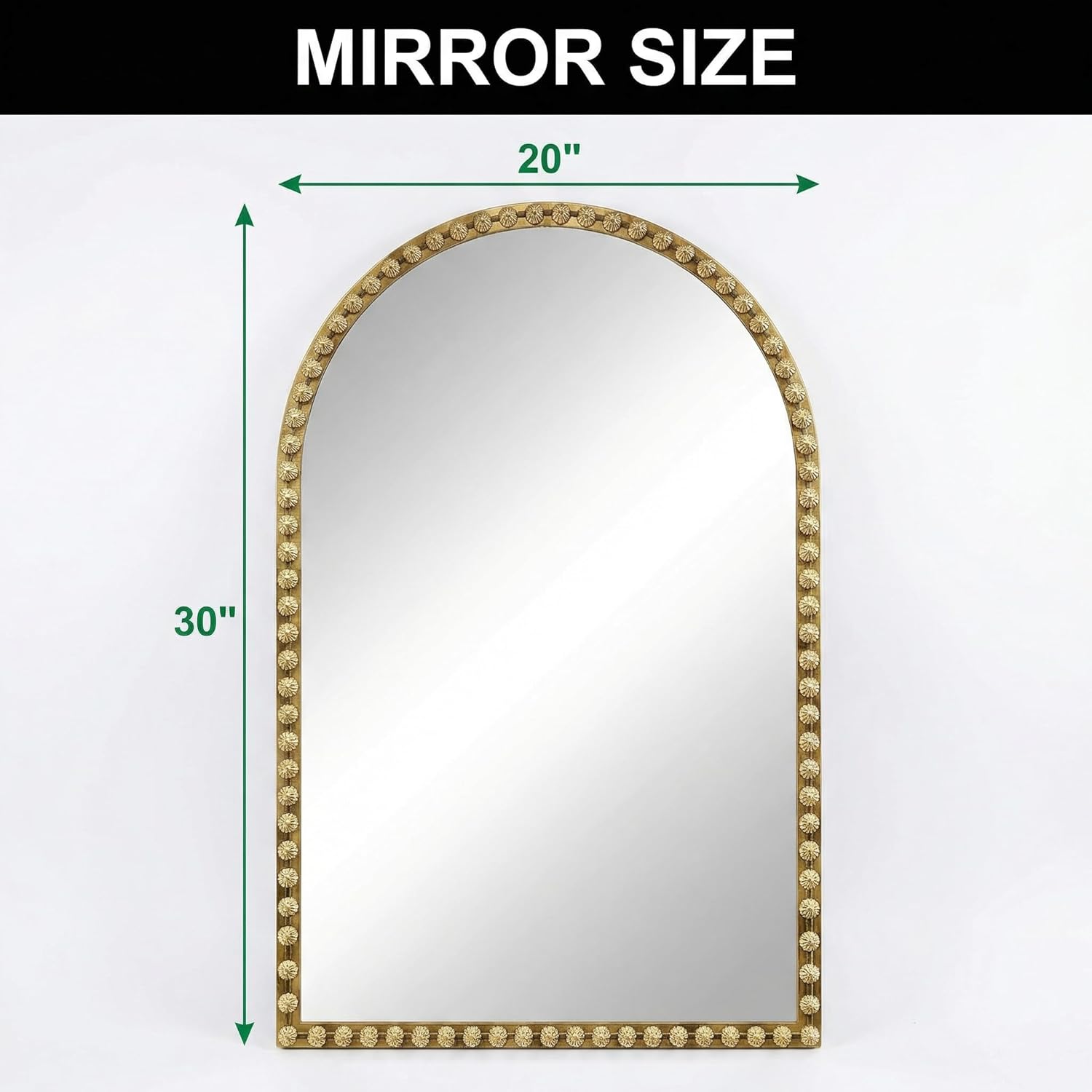 Arched Mirror for Wall, 20"x30" Antique Gold Arch Bathroom Vanity Mirror, Antique Brass Metal Floral Frame Decorative Arch Wall Mirror for Washroom, Bedroom, Entryway, Living Room