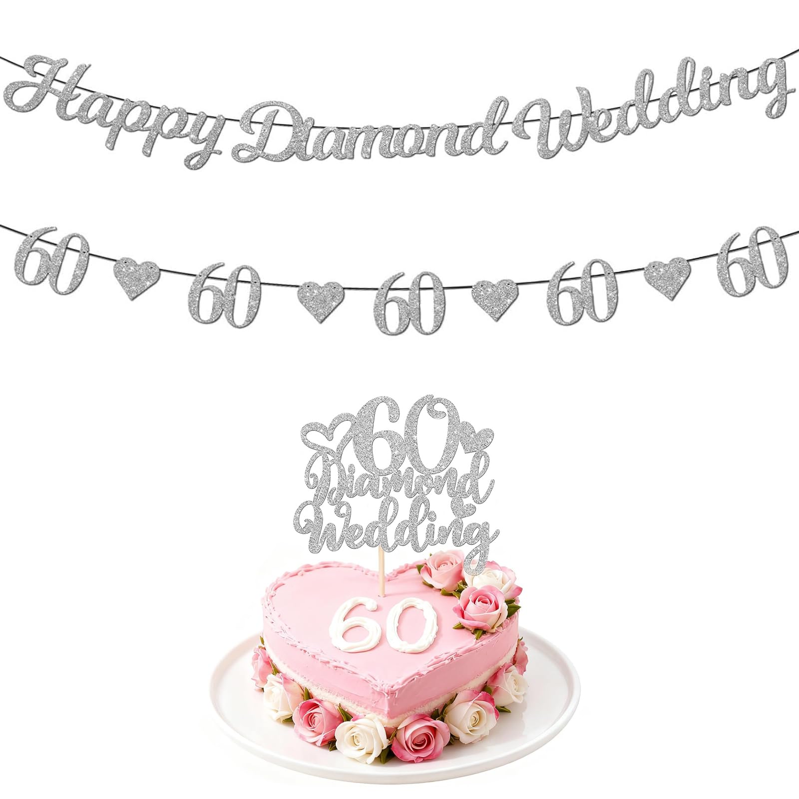 60th Wedding Anniversary Decorations, Diamond Wedding Anniversary Decorations, 60th Anniversary Decorations, 60th Wedding Anniversary Cake Topper with Silver Heart Bunting