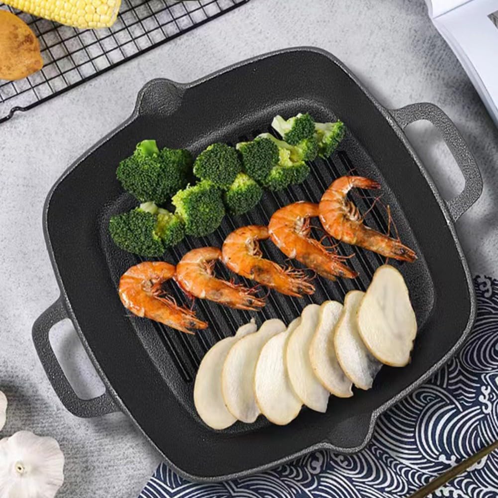 Bistecchiera quadrata in ghisa con doppio manico bistecche, carne e verdure, forno per piano cottura all'aperto, nero