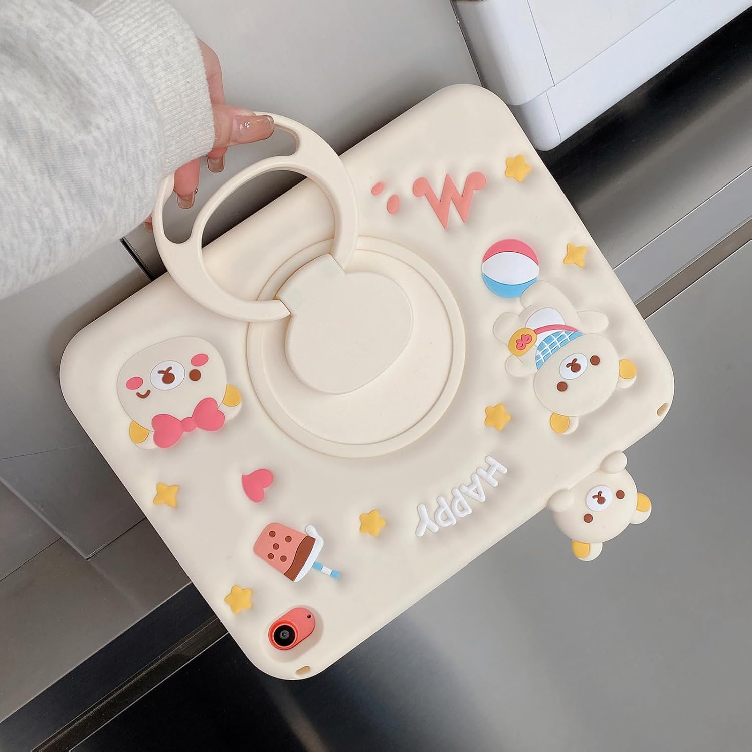 Kids Case for iPad (A16) 11th 11inch 2025/10.9''(10th Generation) 2022,for Boys Girls,Cute Bear Tablet Case with Pencil Holder&Strap,Shockproof Silicone&Rotatable Kickstand(White)