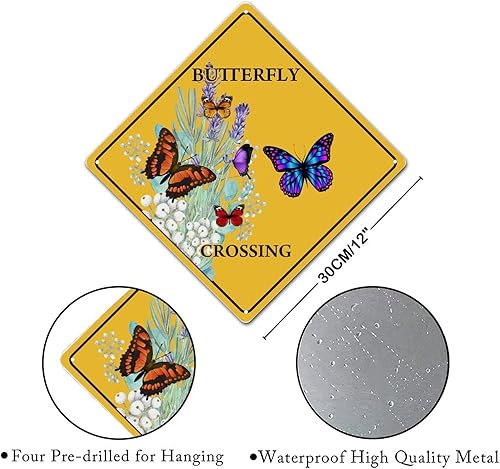 Miniatura 2 de Letrero de metal con diseño de mariposas retro francesas cruzando Xing, letrero de metal con texto en inglés "Beware of Butterfly", letrero de