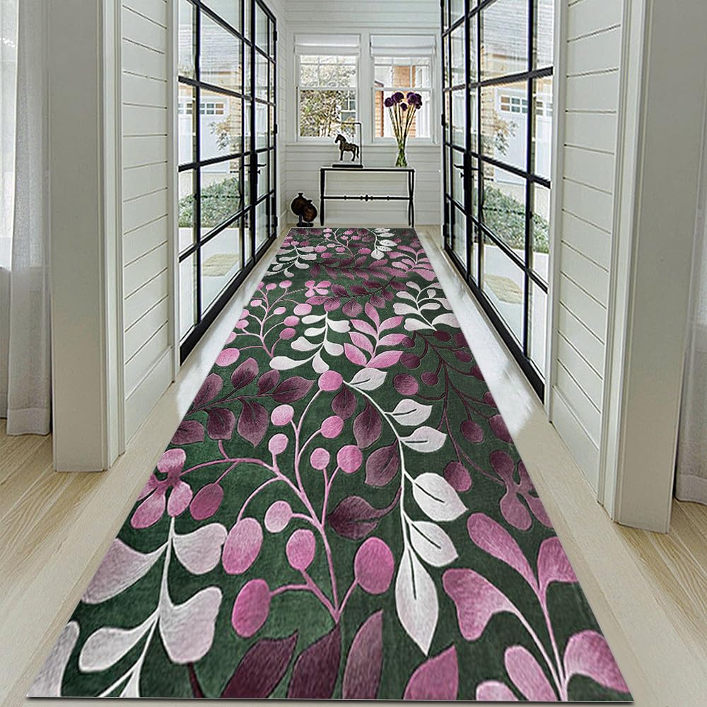 Passatoia Cucina Lavabile 2 metri Gris rose vert Motivo foglia in 3D Tappeto Cucina Tappeto Antiscivolo Cucina Durevole Tappeto Corridoio Lungo Tappeto Per Cucina,Soggiorno，60x200cm