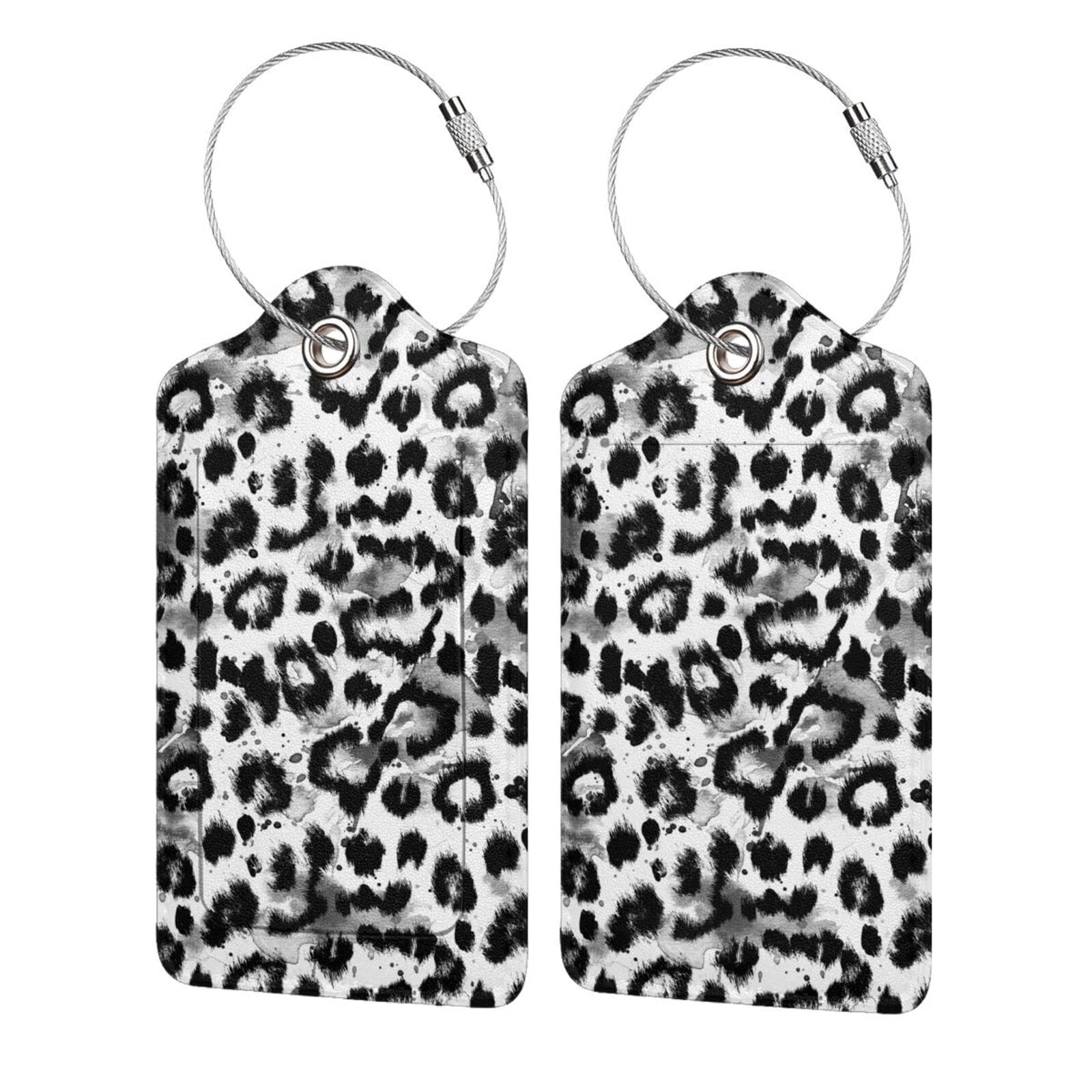 Leopard Print 2 Pcs Luggage Tags, Privacy Cover Id Label with Stainless Steel Loop and Address Card for Suitcases & Travel Bags