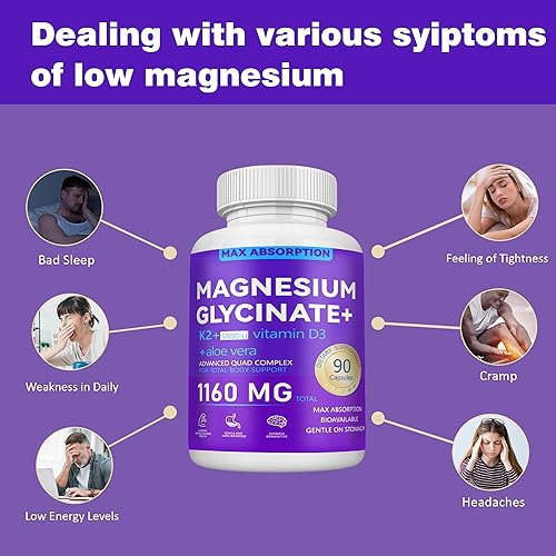 Miniatura 6 de Glicinato de magnesio 1160 mg con aloe vera, vitamina D3 y K2  Fórmula quelada de alta absorción  Apoya la mente tranquila, comodidad muscular y