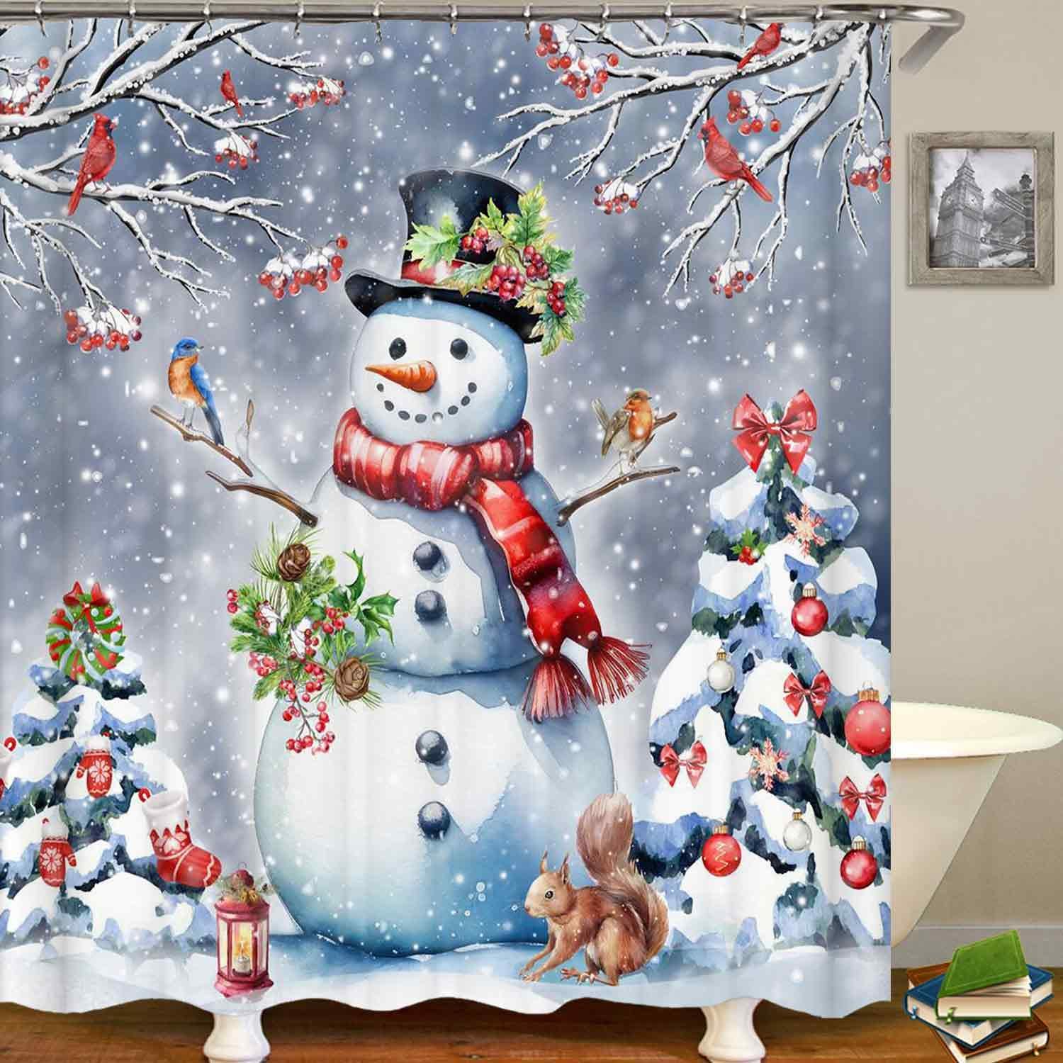 4PCS Christmas Snowman Shower Curtain Sets with Rugs, Waterproof Fabric Shower Curtain, Winter Xmas Tree Cardinal Birds Squirrel Red Berry Green Holly Holiday New Year Christmas Bathroom Decor