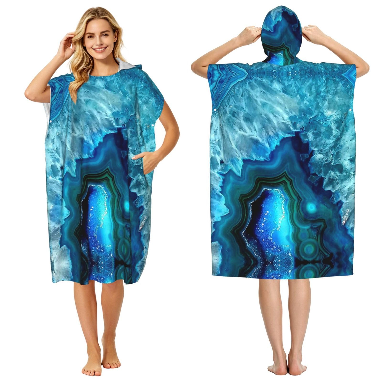 Poncho à capuche microfibre adulte bleu turquoise imprimé pour natation et été léger