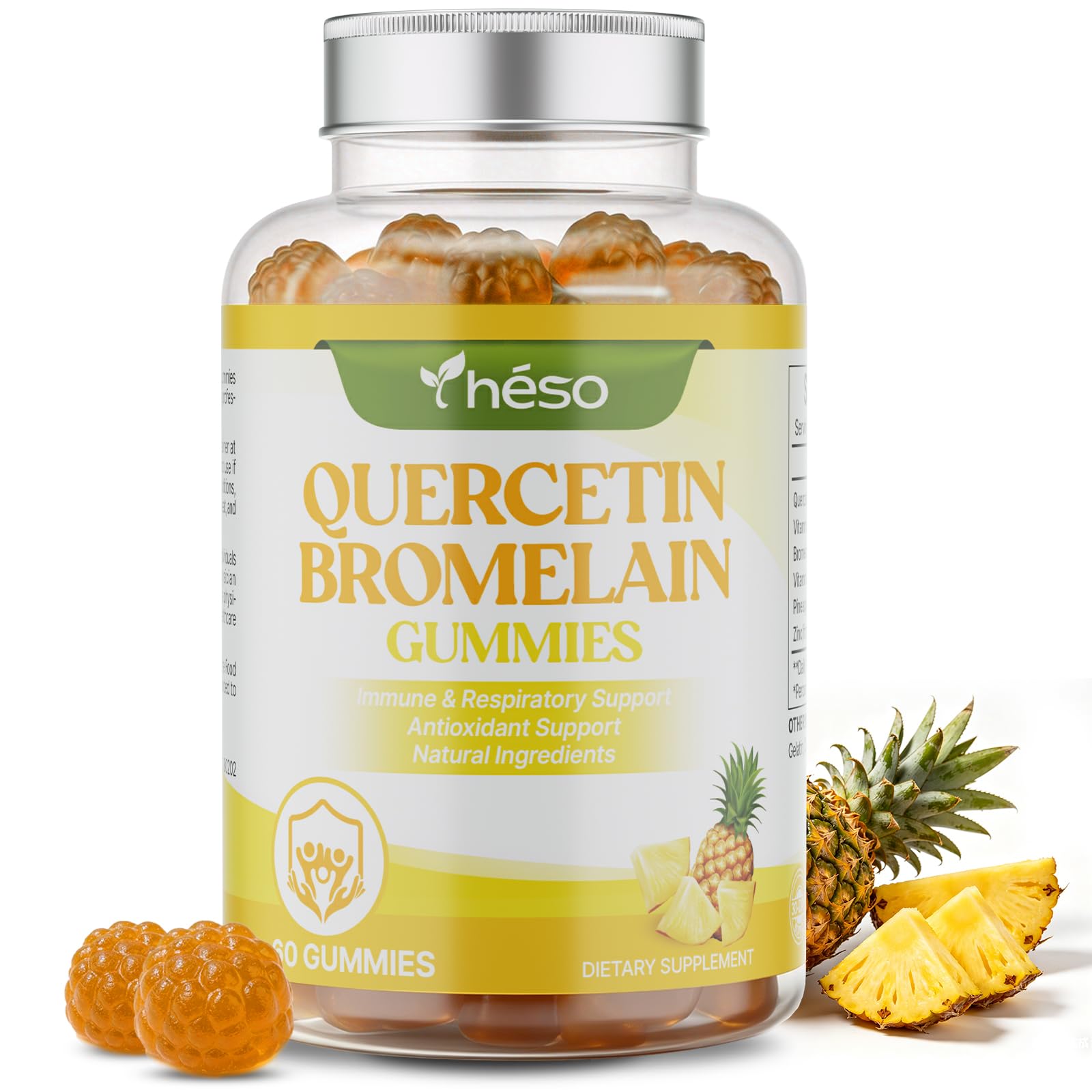 Quercetin Gummies 500mg with Bromelain, Vitamin C, D3 & Zinc – Sugar Free Immune Support Supplement – Antioxidant Complex with Pineapple Enzyme, 60 Gummies (30 Servings) 60 Count (Pack of 1)