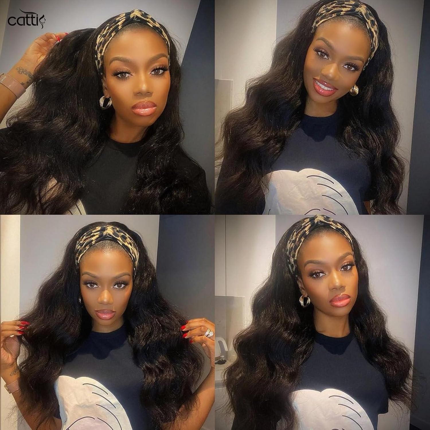 catti Headband Wig Human Hair Body Wave Headband Wigs For Black Women 30 Inch Non Lace Front Wigs Human Hair Unprocessed Brazilian Virgin Hair Headband Half Wigs For Beginners No Glue Wig