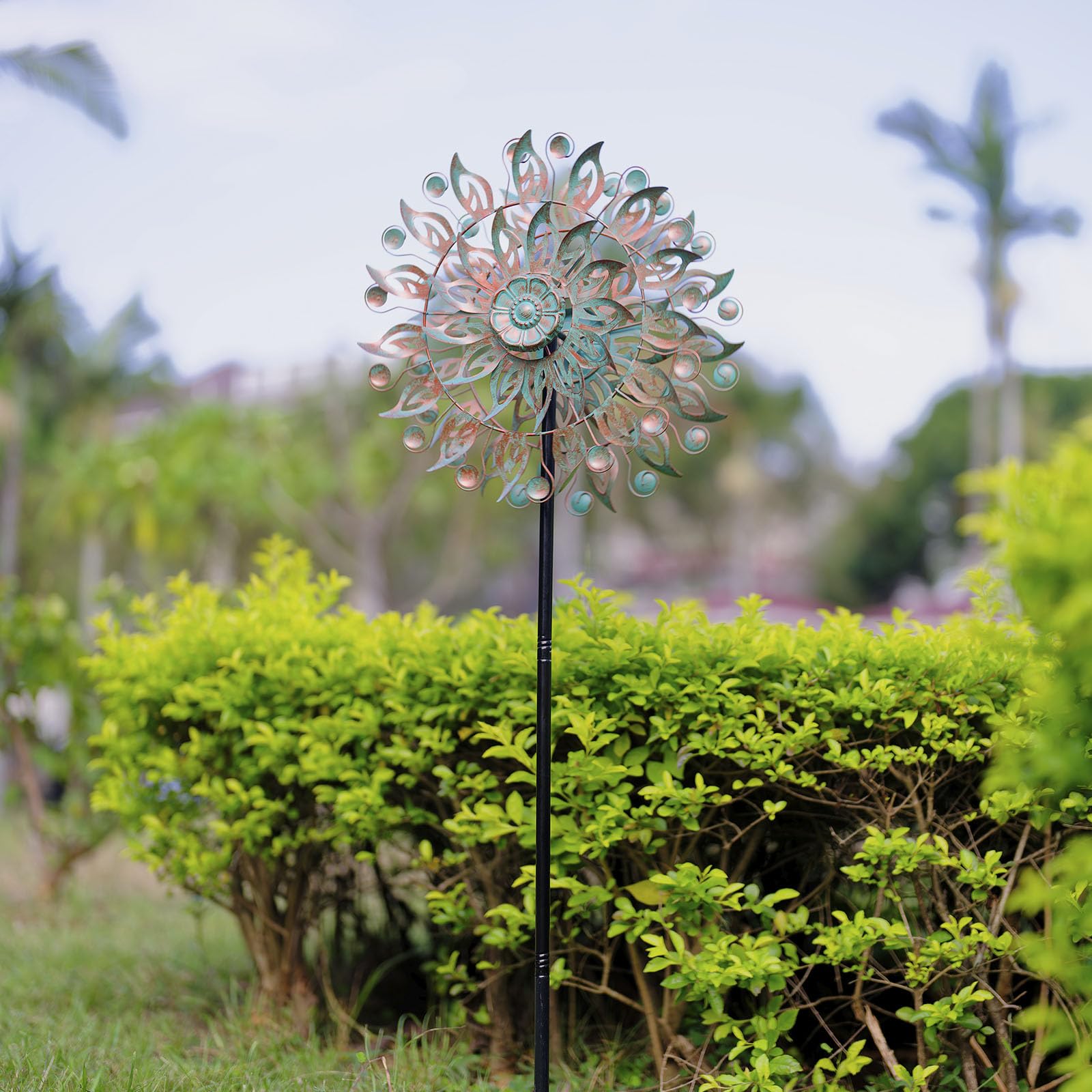 DREAMYSOUL Molinillo de Viento de Metal, 16.5 Pulgadas de diámetro x 64 Pulgadas de Alto, para Exteriores, esculturas de Viento cinéticas de 5 Puntas y molinillos para jardín y Patio (Bronce)