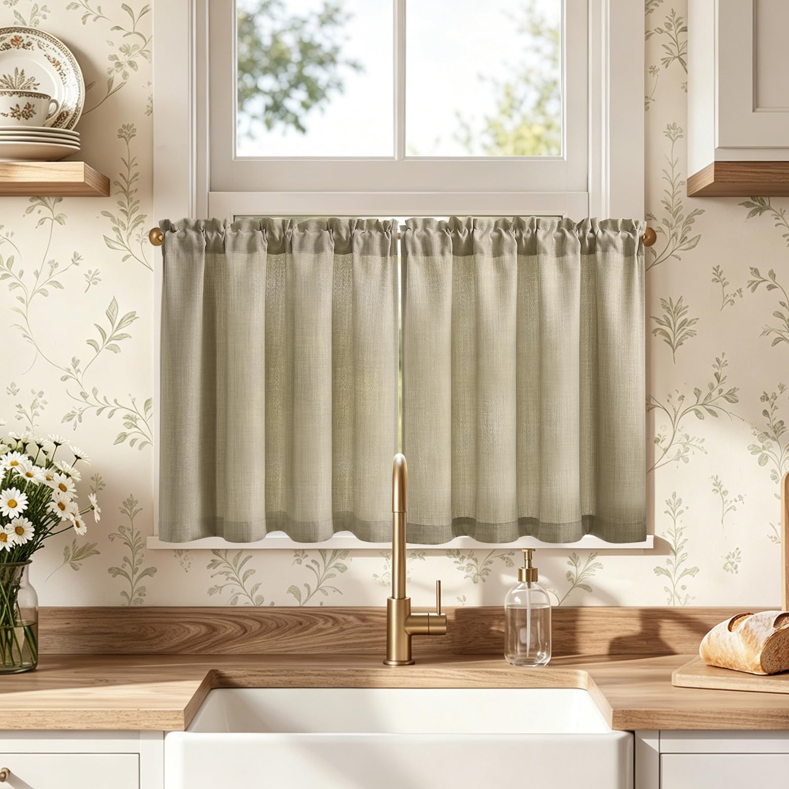 TOPICK Beige Kitchen Curtains 24 Inch Drop, Small Cafe Curtains, W36 xL24