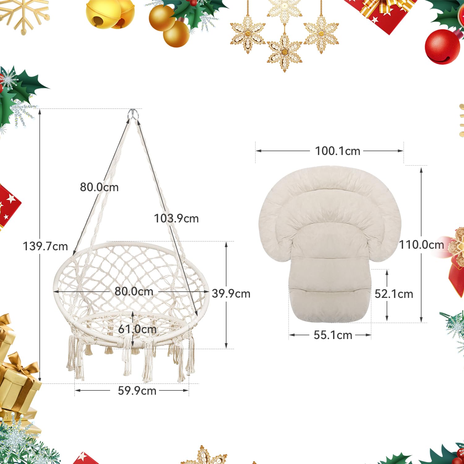 Bathonly Fauteuil Suspendu, Capacité 150 kg, Chaise Coton avec Coussin, Chaise Pivotante en Macramé, Faite à la Main avec Kits de Matériel de Suspension, Bohème, Jardin, Intérieur, Extérieur, Beige