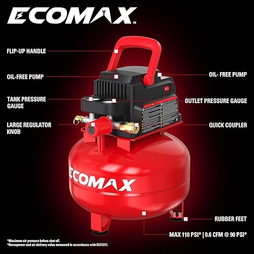 Miniatura 2 de ECOMAX Compresor de aire de 3 galones 110 PSI Pancake tanque portátil sin aceite con kit de accesorios de 11 piezas