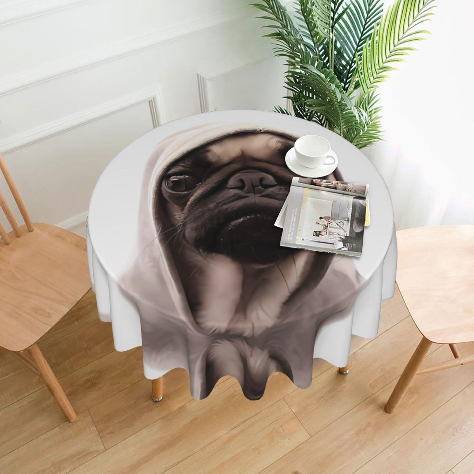 WHJSSF pug Prints Round Decorative Table Throw 60 Inch – Waterproof Table Cover for Dining, Coffee Tables, and Outdoor Events