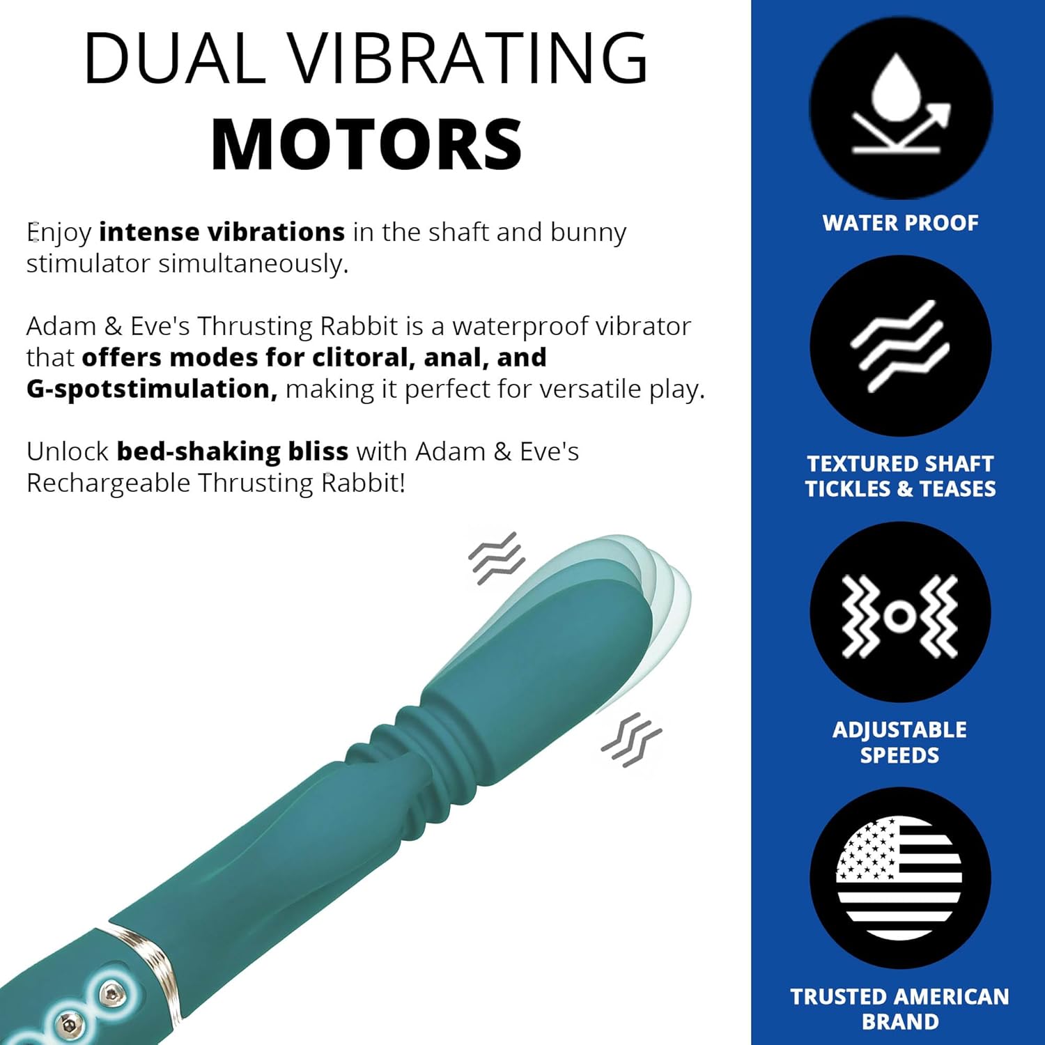 Diagram showing the Adam & Eve Thrusting Rabbit with icons for waterproof, textured shaft, adjustable speeds, and trusted American brand.